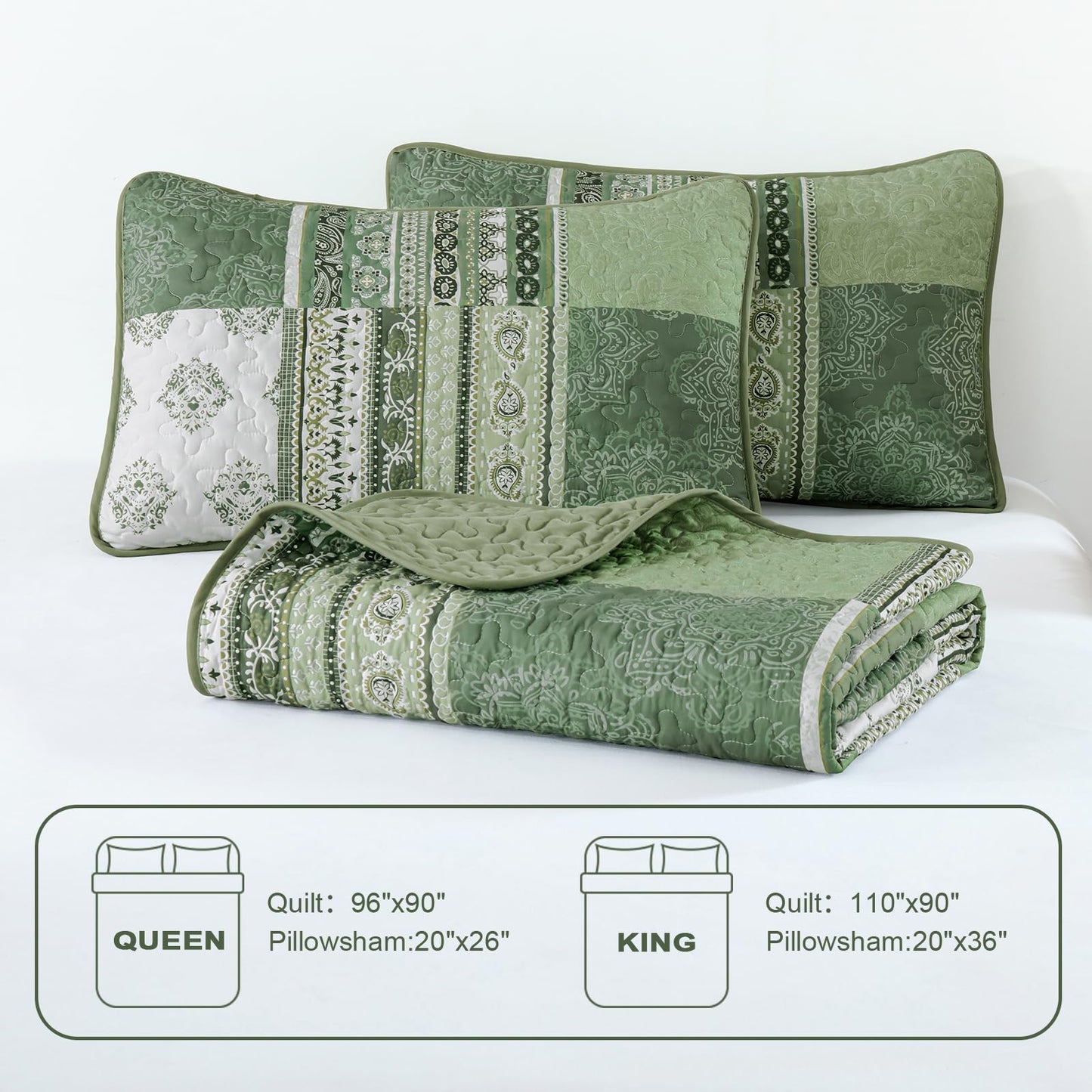 Dintszyayue Boho Quilt Set Queen Size Patchwork Bedspread Coverlet 3 Pieces, Green Boho Quilt Bedding Set Soft Microfiber Summer Bedding Bedspread Set, 96''x90''