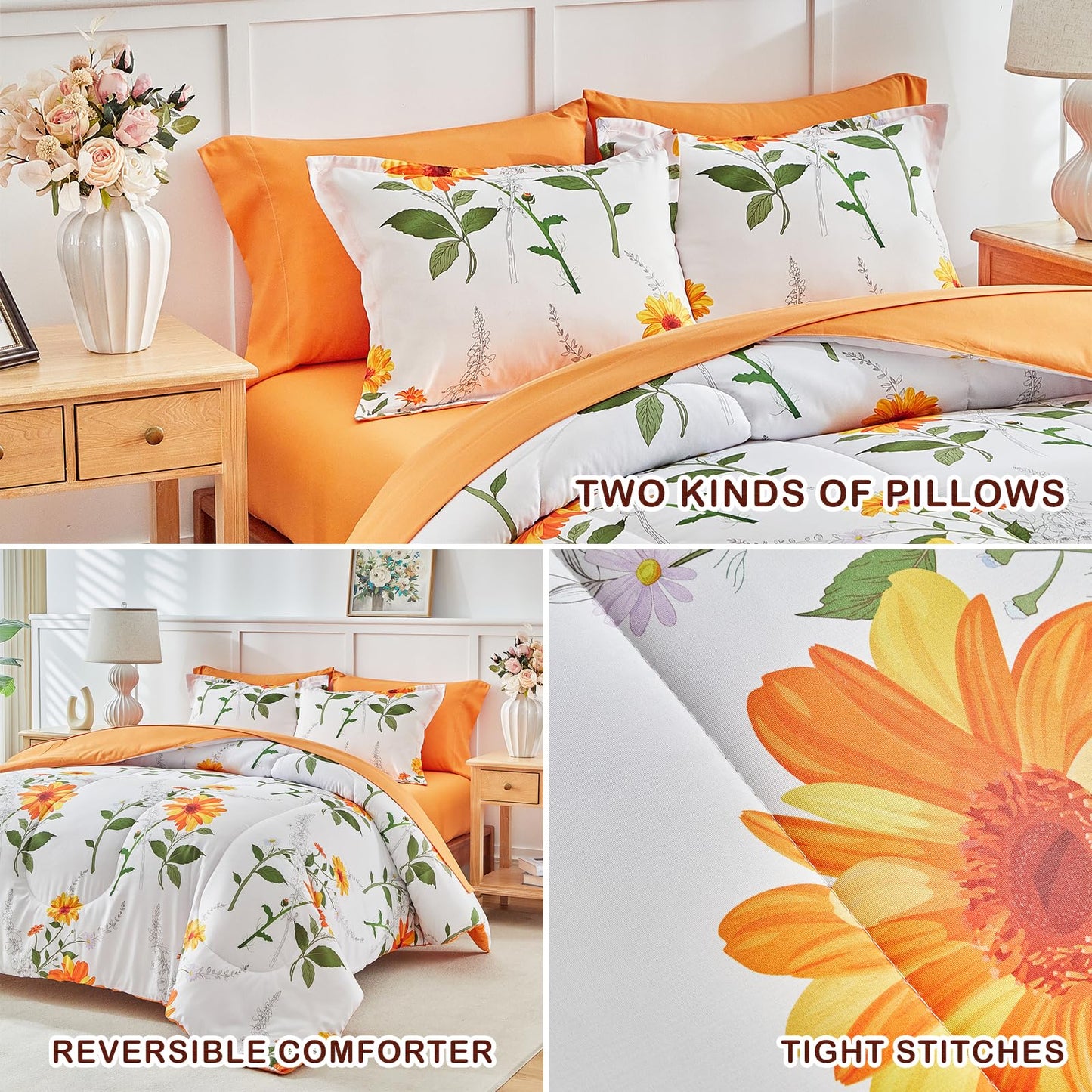 Joyreap 6 Piece Bed in a Bag Twin, Floral Comforter Sheet Set, Orange n Yellow Flowers on White Design, All Season Microfiber Bedding Comforter Set