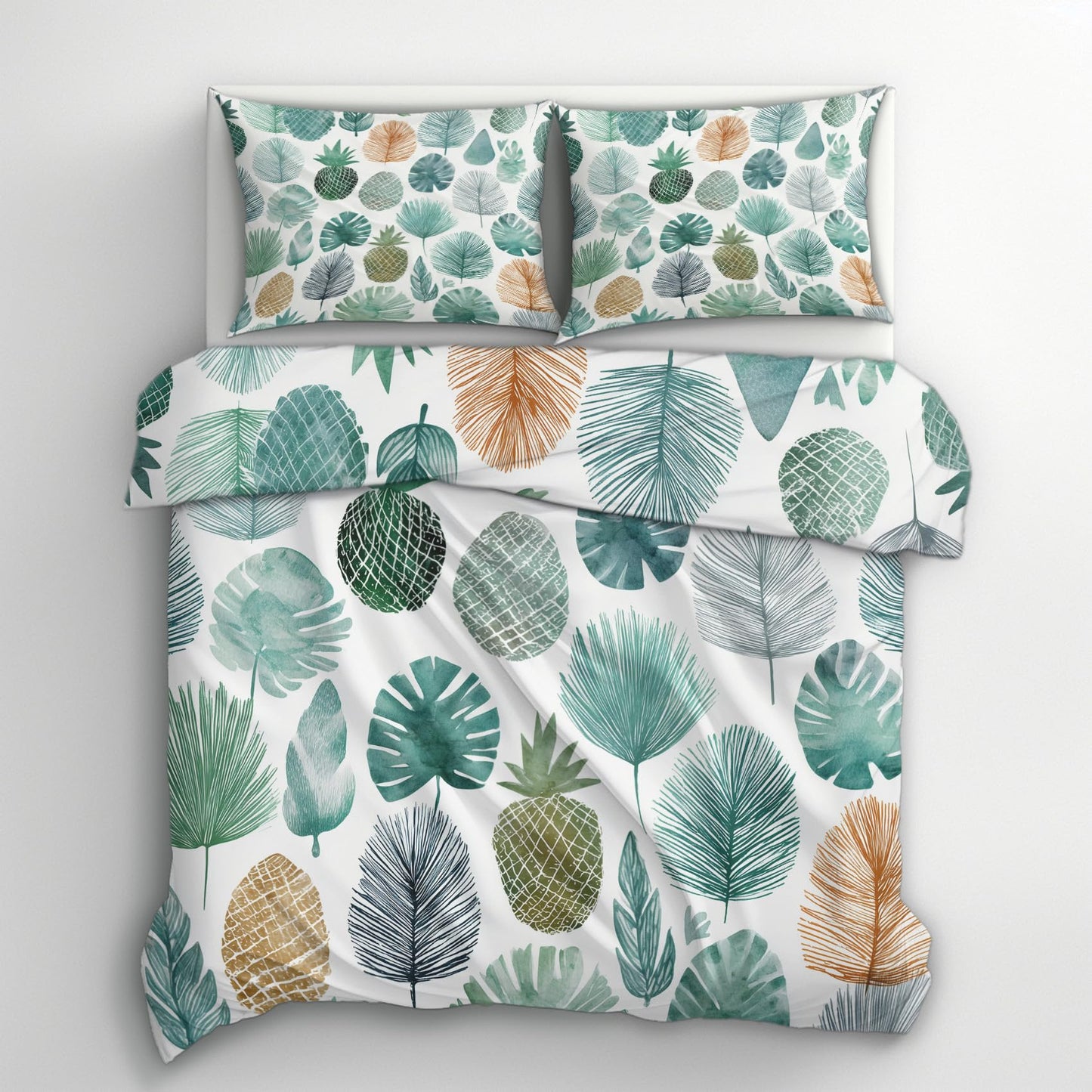 Monstera Palm Leaf Full Duvet Cover Set 3 Piece, Watercolor Tropical Leaves Reversible Bedding with 2 Pillow Shams, Zipper & Ties, Ultra Soft Microfiber, Leaf Bedroom Decorations 44A-K