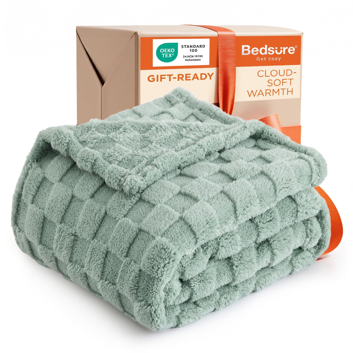 Bedsure Fleece Throw Blanket for Couch White and Sage Green