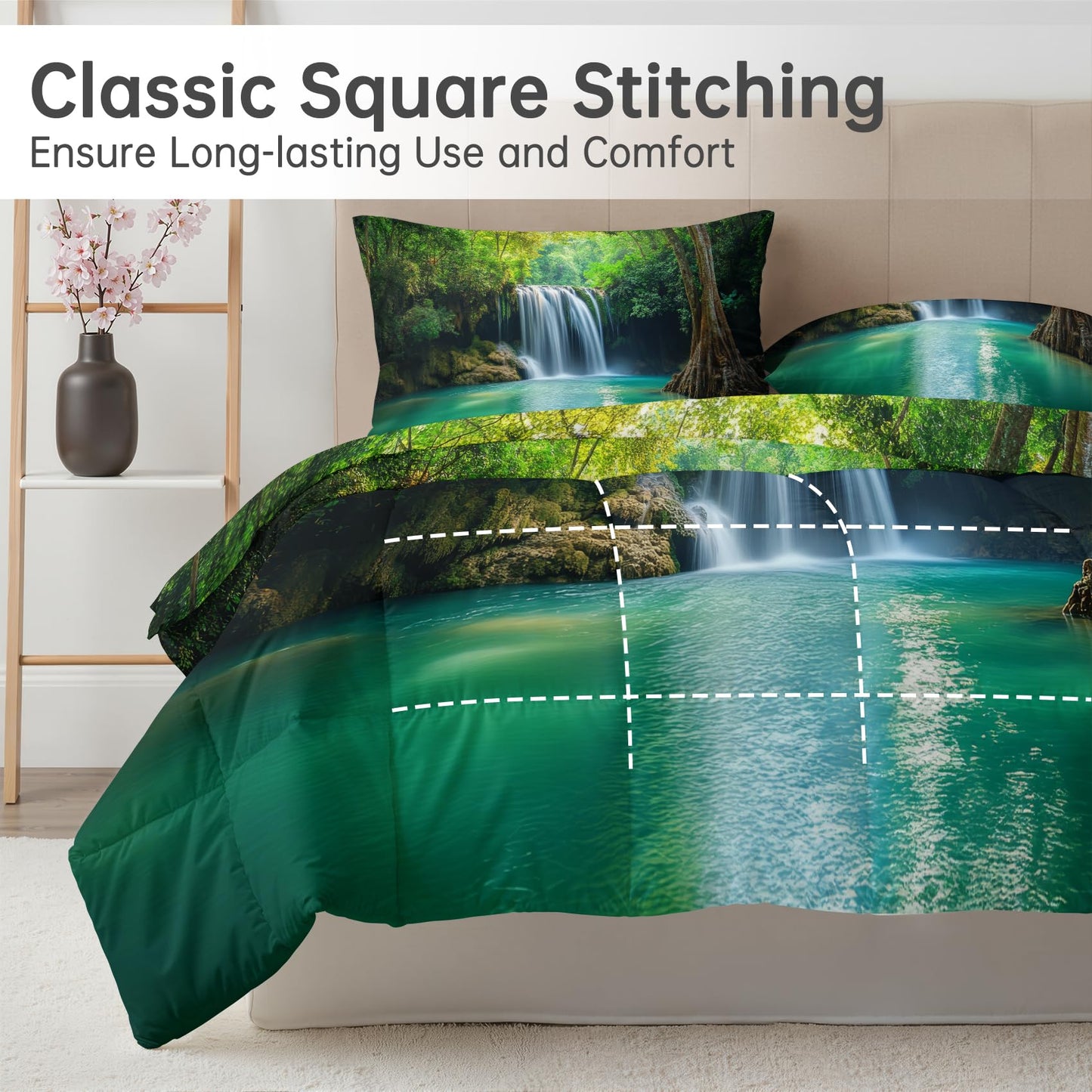 Landscape Comforter Queen Size - 3 Pcs Bed Set, All Season Duvet Insert & 2 Pillowcases, Waterfall Bedding Set, Soft Lightweight Down Alternative Comforter, Fantasy Natural Bedroom Decor