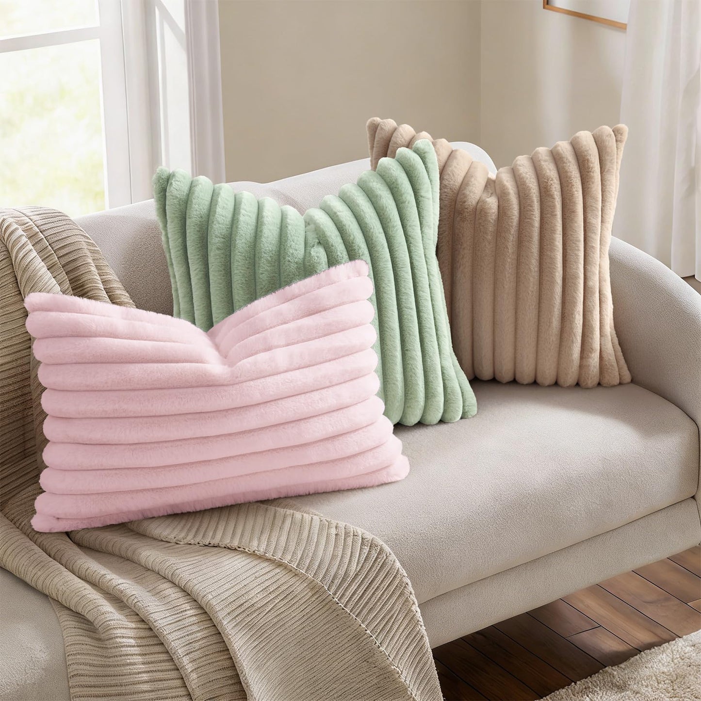 Simmore Faux Fur Couch Throw Pillow Covers 18x18 Set of 2, Decorative Soft Striped Plush Pillow Covers with Velvet Back for Sofa Bed Living Room, Sage Green