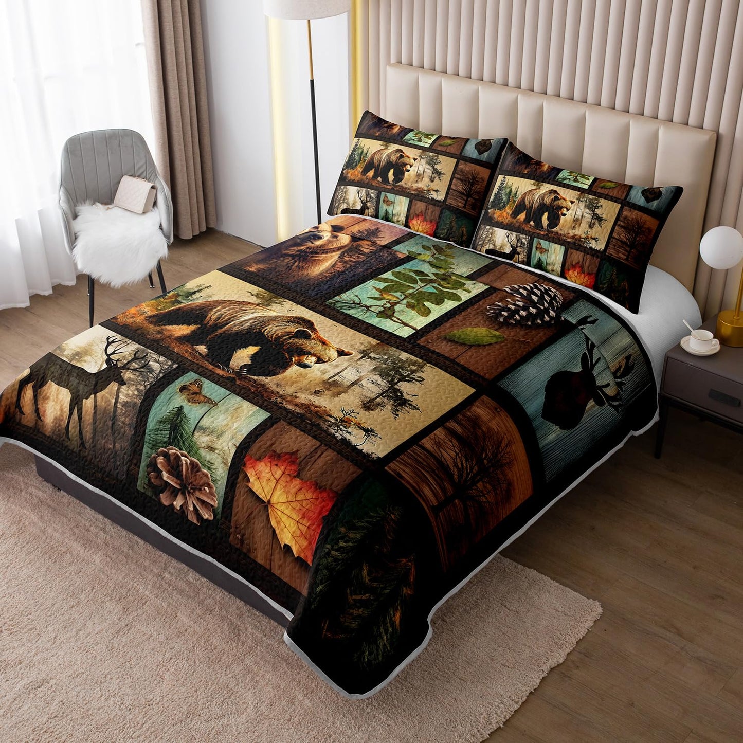 HOSIMA King Size Quilt,Deer Bear Print Forest Bedding Sets for Hunting Room Decor,Pine Cone Pattern Brown Hunting Themed Plaid Patchwork Bedding Quilts with 2 Pillowcases.