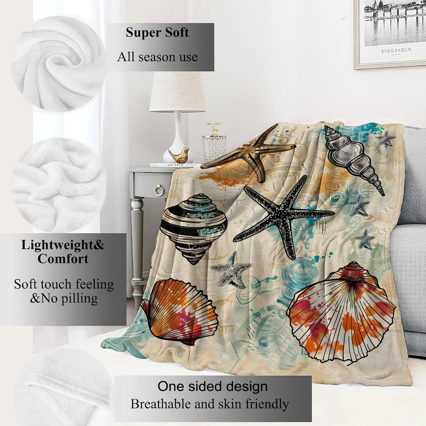 VODRM Bseashell and Starfish Blanket Coastal Beach Throw Blankets with Shells and Ocean Elements,Birthday Gifts for Kids Adult,Lightweight Soft Fleece,for Sofa Couch Bed Room Nautical Decor 50x60in