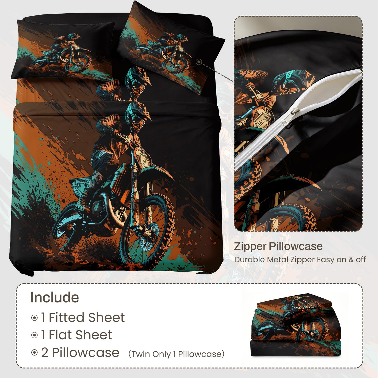 Dirt Bike Queen Sheet Set 4 Pcs Motocross Bed Sheets, Orange