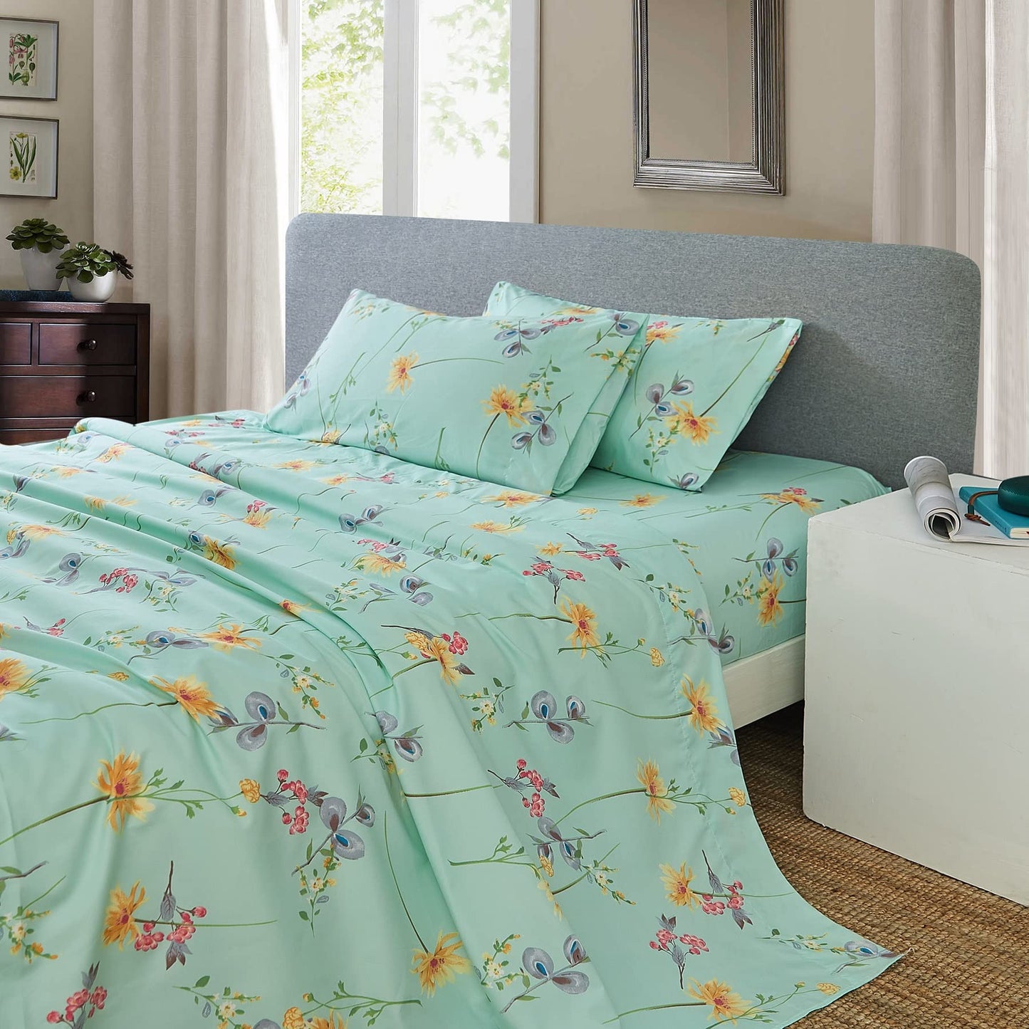 JSD Green Floral Printed Sheet Set Queen Size, 4 Piece Soft Botanical Microfiber Sheets Extra Deep Pocket