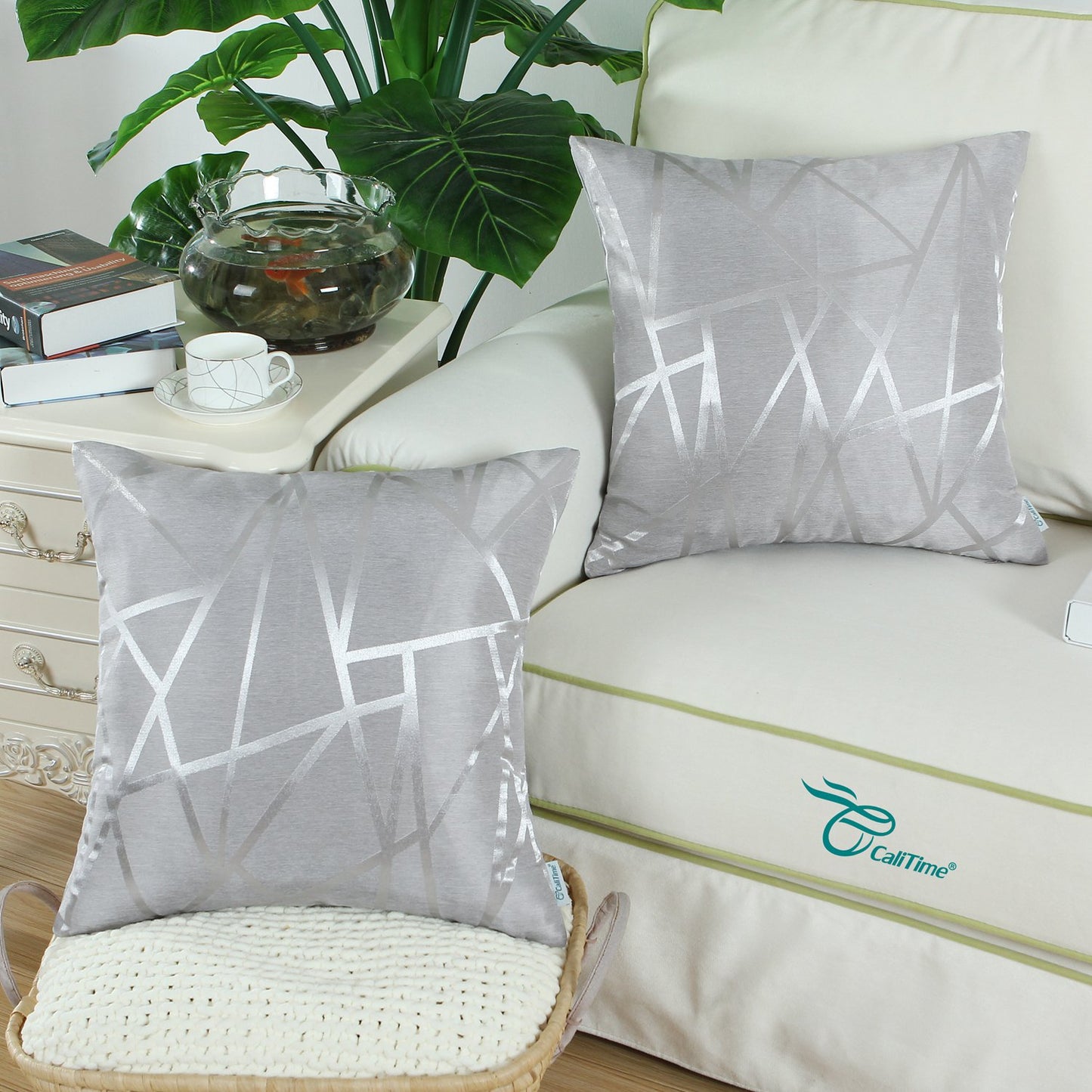 CaliTime Pack of 2 Throw Pillow Covers Cases for Couch Sofa Home Decor Modern Shining & Dull Contrast Triangles Abstract Lines Geometric 18 X 18 Inches Silver Gray