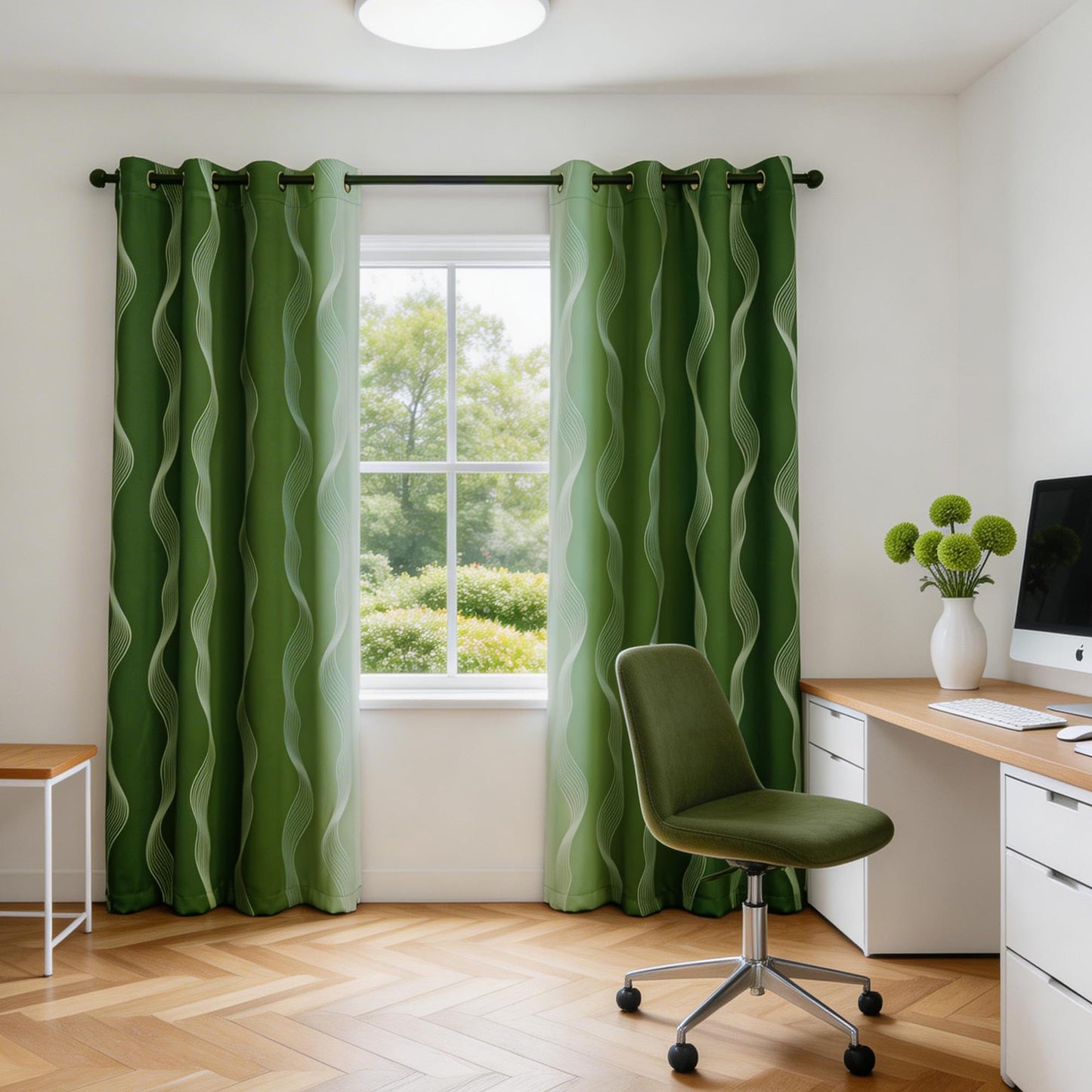 MYSKY HOME Green and Greyish White 95% Blackout Ombre Curtains 84 inch Long 2 Panels for Living Room Bedroom Geometric Patterned Black Out Thermal Insulated Wave Line Foil Grommet Drapes, 52" W