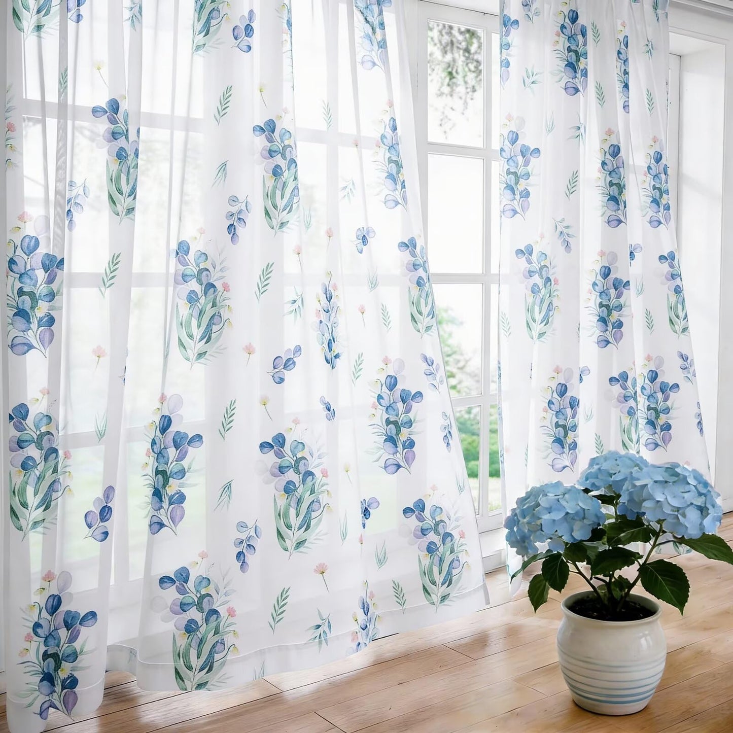 youleyar Floral Sheer Curtains for Living Room 84 Inches Long 2 Panels White Semi-Sheer Curtain with Blue Floral Printed Pattern Summer/Spring Rod Pocket Voile Drapes for Bedroom, 52" W x 84" L
