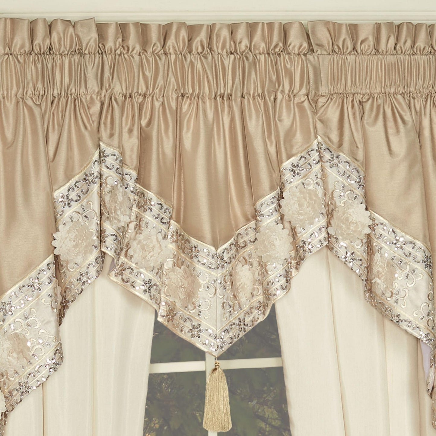 Luxury Elegante Sophisticated Polyester Faux Silk Window Treatment | Light Cream Ivory Metallic Gold | Sequins Embroidery Floral | 3 Piece Set with Ascot Valance and Swag Pair and 84L Curtain Pair