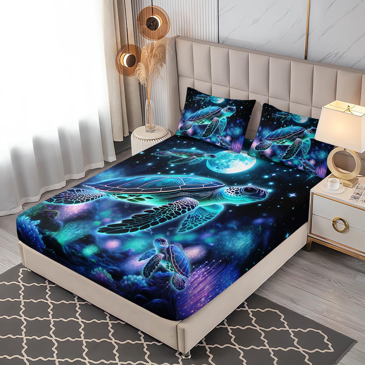UEVBF Sea Turtle Fitted Sheet Kids Bedding Twin Size,Glowing Waterweed Moon Flash Fitted Sheet for Kids Boys Girls Room Decor,Coastal Reptile Animal Bedding Set,1 Fitted Sheet+2 Pillowcases.