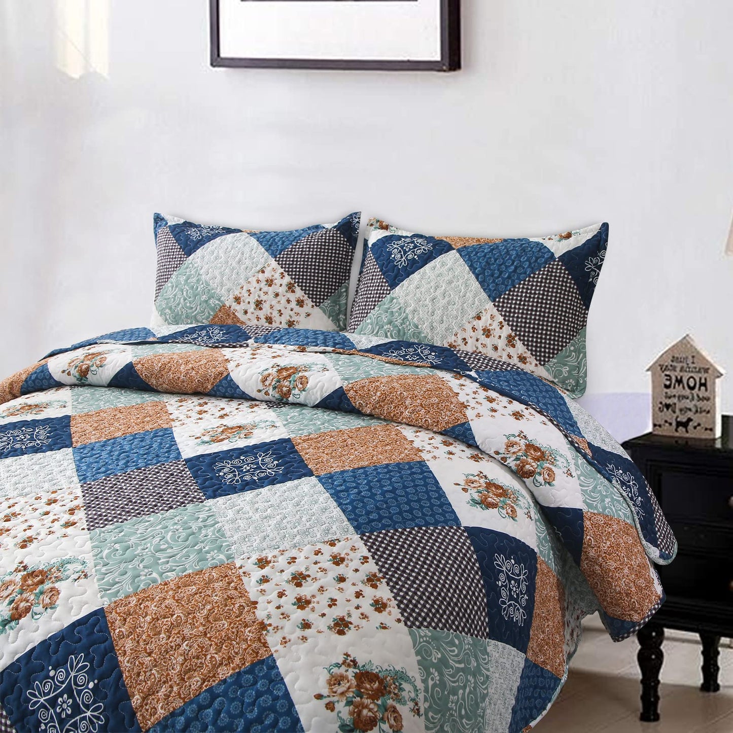 Dinjoy Reversible Patchwork Quilt Bedding Set King Size Blue Green Grey Plaid Floral Pattern Bedspread Set Soft Microfiber Coverlets Bed Set 3 Pieces Fall Autumn All Season Use