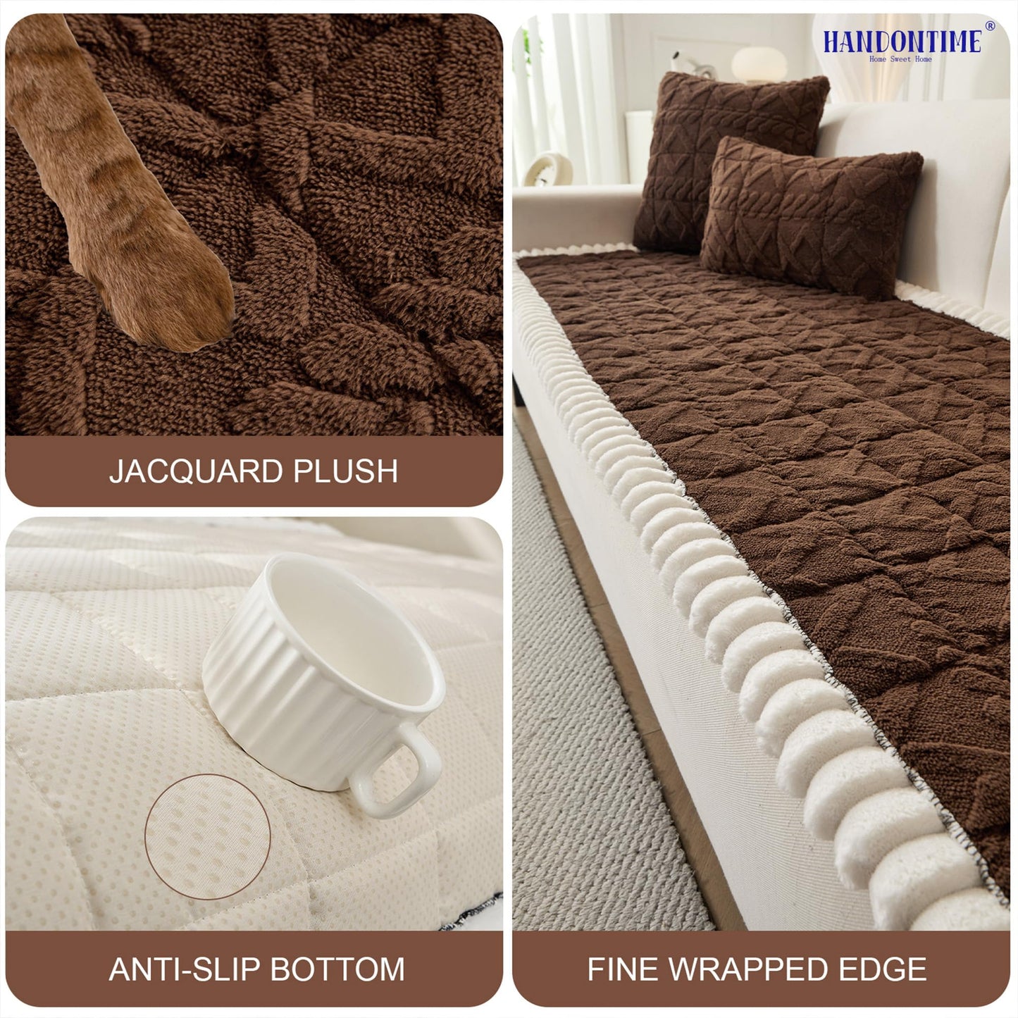 HANDONTIME Funny Fuzzy Couch Covers for Pets Washable Jacquard Geometric Dog Sofa Cover Plush Couch Protector for Dogs Non-Slip Durable Comfortable Pet Furniture Cover (Chocolate, 27.6" x 70.9")