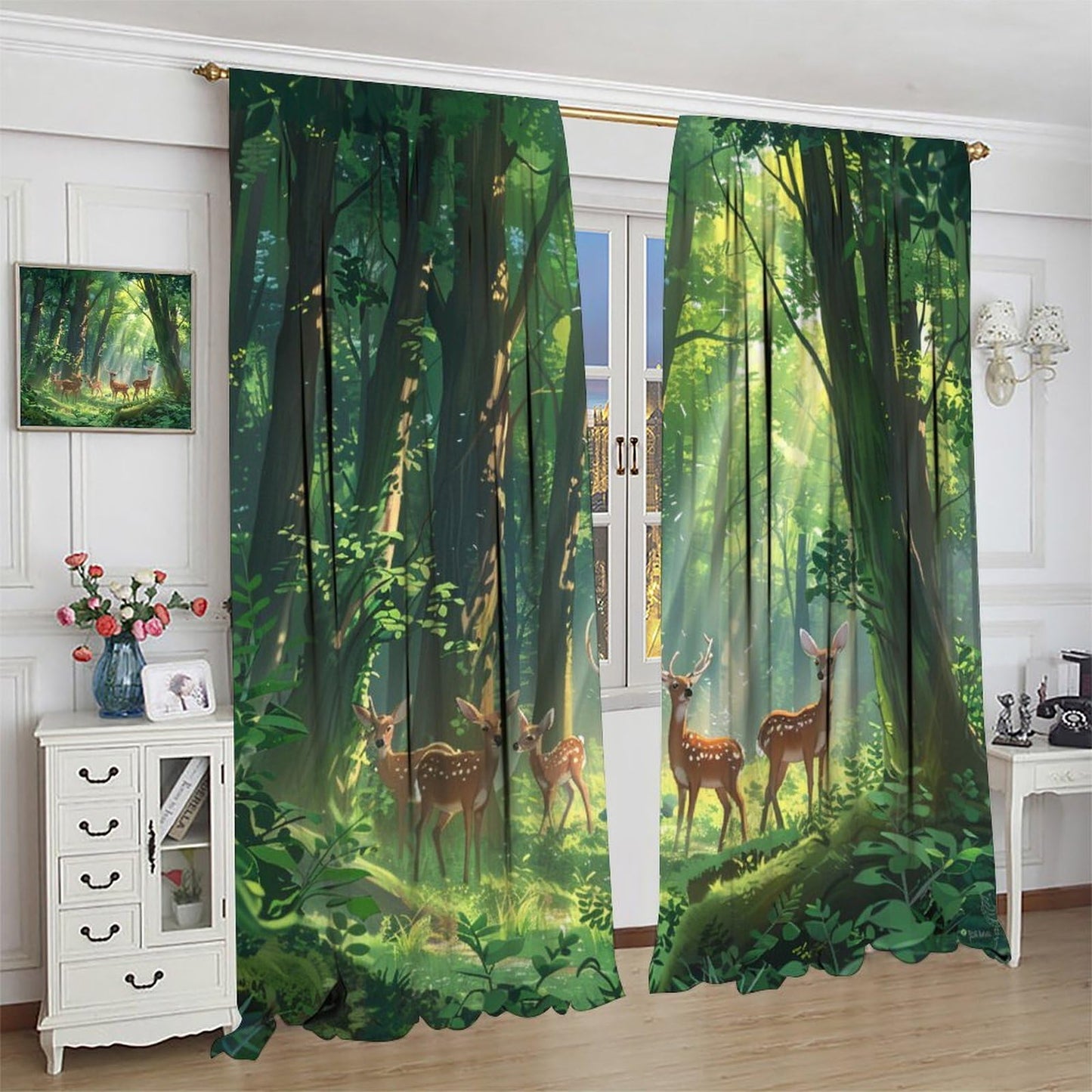 TOWINSFB Green Tree Deer Botanical Blackout Curtains, Butterfly Forest Nature Landscape Home Decor Rod Pocket Window Drapes for Living Room Bedroom - 42" W x 45" L