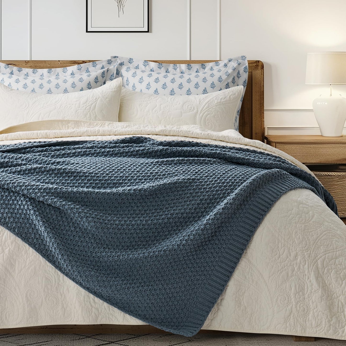 EVERGRACEHOME Chunky Chenille Knit Throw Blanket for Couch, Soft Luxurious Moss Stitch Blankets for Bed, Cozy Decorative Farmhouse Knitted Throws for Sofa, Stormy Blue, 50" x 60"