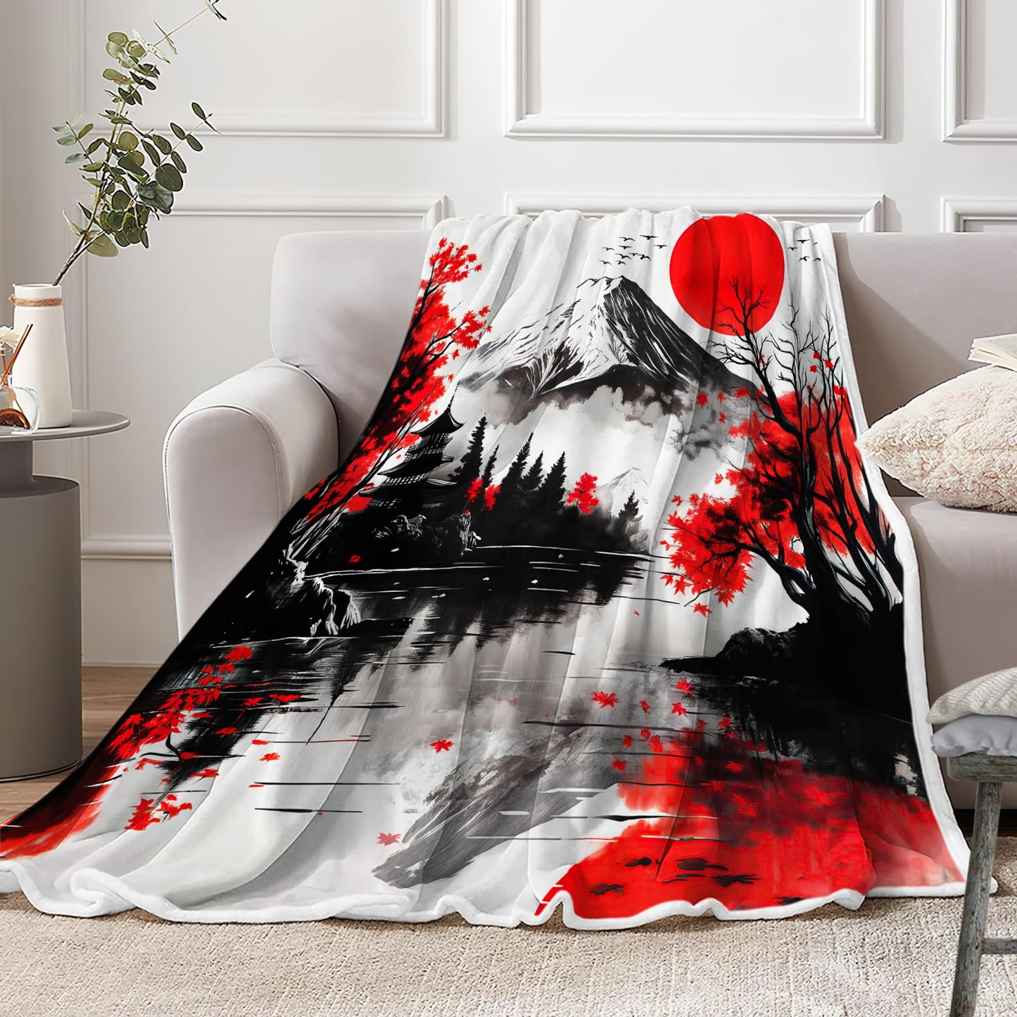 DYNH Japanese Mount Fuji Red Maple Leaf Red Sun Lake Reflection Torii Gate Ink Painting Style Throw Blanket, Cozy Fleece Blanket for Couch Bed Sofa, Asian Decor Gift for Bedroom Living Room,50X60