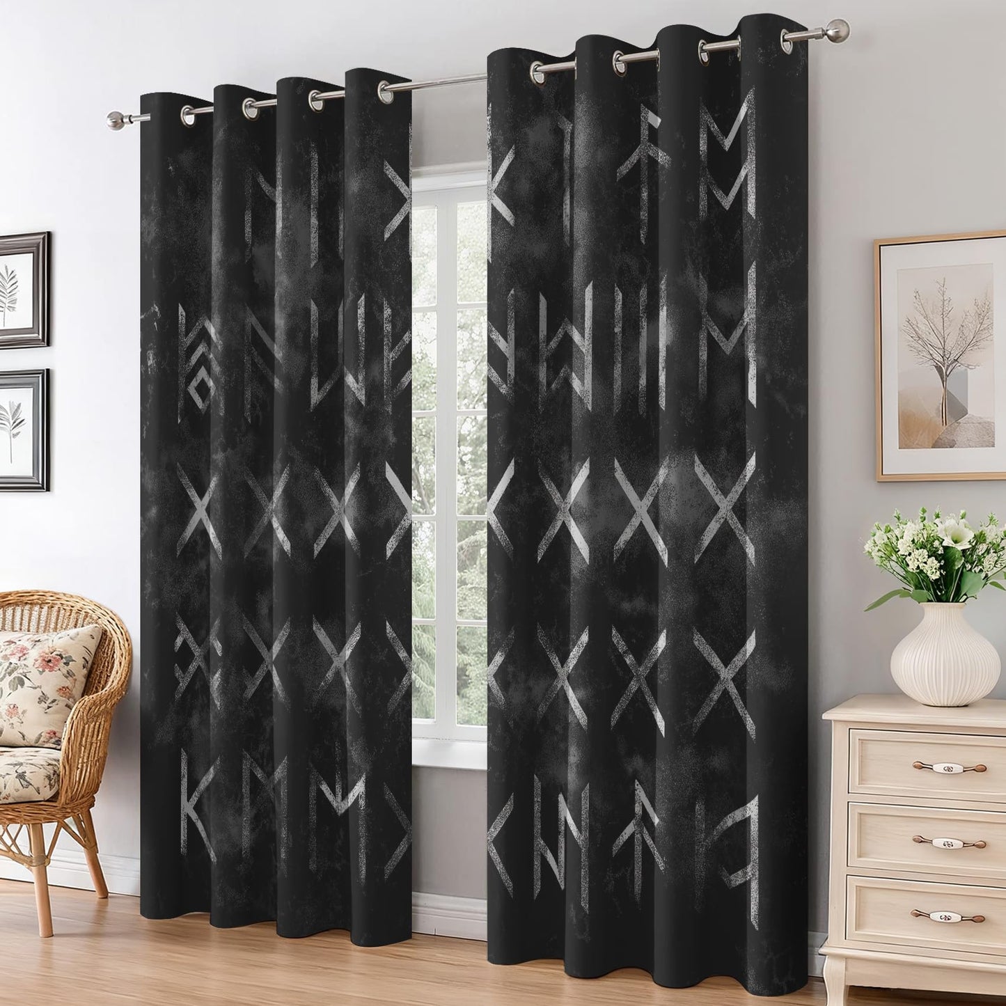 95% Blackout Viking Curtains - Norse Mythology Curtains for Bedroom Living Room Decor, Rune Home Decor, Thermal Grommet Black Out Drapes 84 Inches Long 2 Panel Set X62