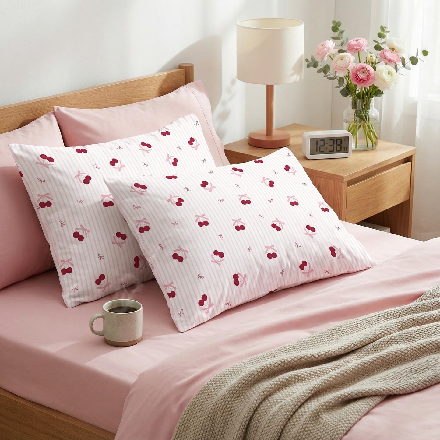 Sedefen Pink Bow Duvet Cover Queen Size Cherry Red Striped Duvet Cover Set Bows Cherries Printed on White Stripe Reversible Bedding Set 3 Pcs with 2 Pillowcases Gift for Women Girls