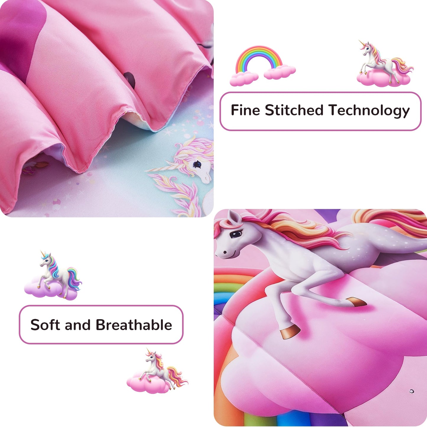 Viviland Kids Full Bedding Sets for Girls, Soft Full Comforter Set with Sheets, 7 Pieces Microfiber Bed in a Bag, White Unicorn Pink Cloud Rainbow