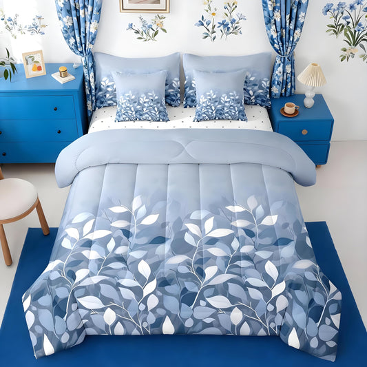 Feelyou Vintage Floral 7 Piece Bedding Set Full Size Blue Botanical Comforter Set with Sheets for Kids Adult Leaves Plants Bed in a Bag Microfiber Bed Set