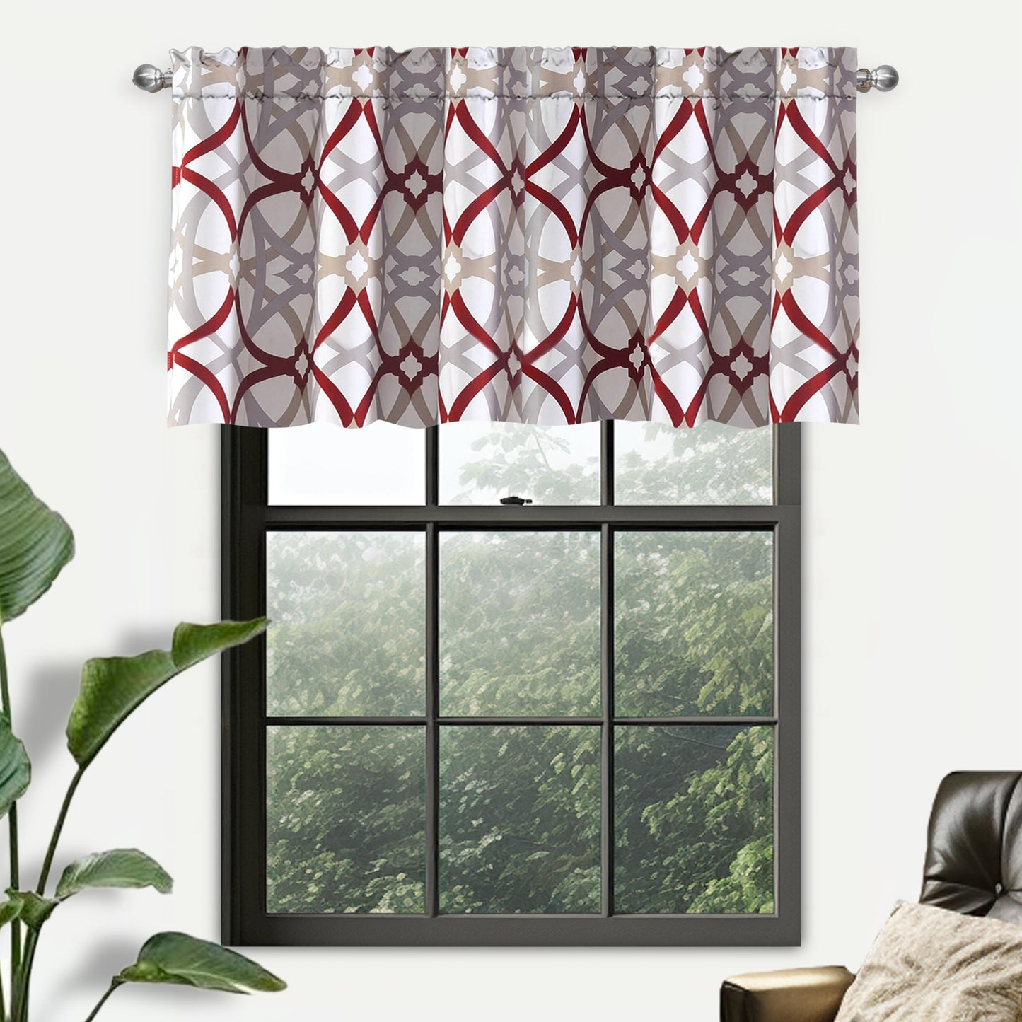 DriftAway Alexander Blackout Valances for Windows Thermal Insulated Kitchen Topper Geometric Moroccan Mid Century Pattern Match Thick Bathroom Curtain Valance Rod Pocket 52 Inch by 24 Inch Red/Gray