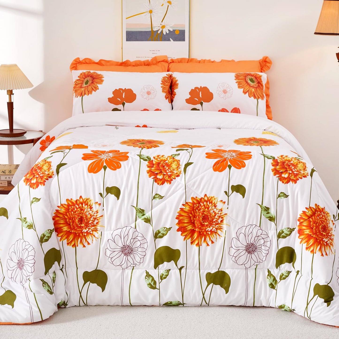 EVENHUG Twin Comforter Set 7 Pieces Lightweight Soft Twin Size Comforters for All Season Orange Sunflower Floral Bedding Sets Bed in a Bag with Flat Sheet and Fitted Sheet Pillowcases