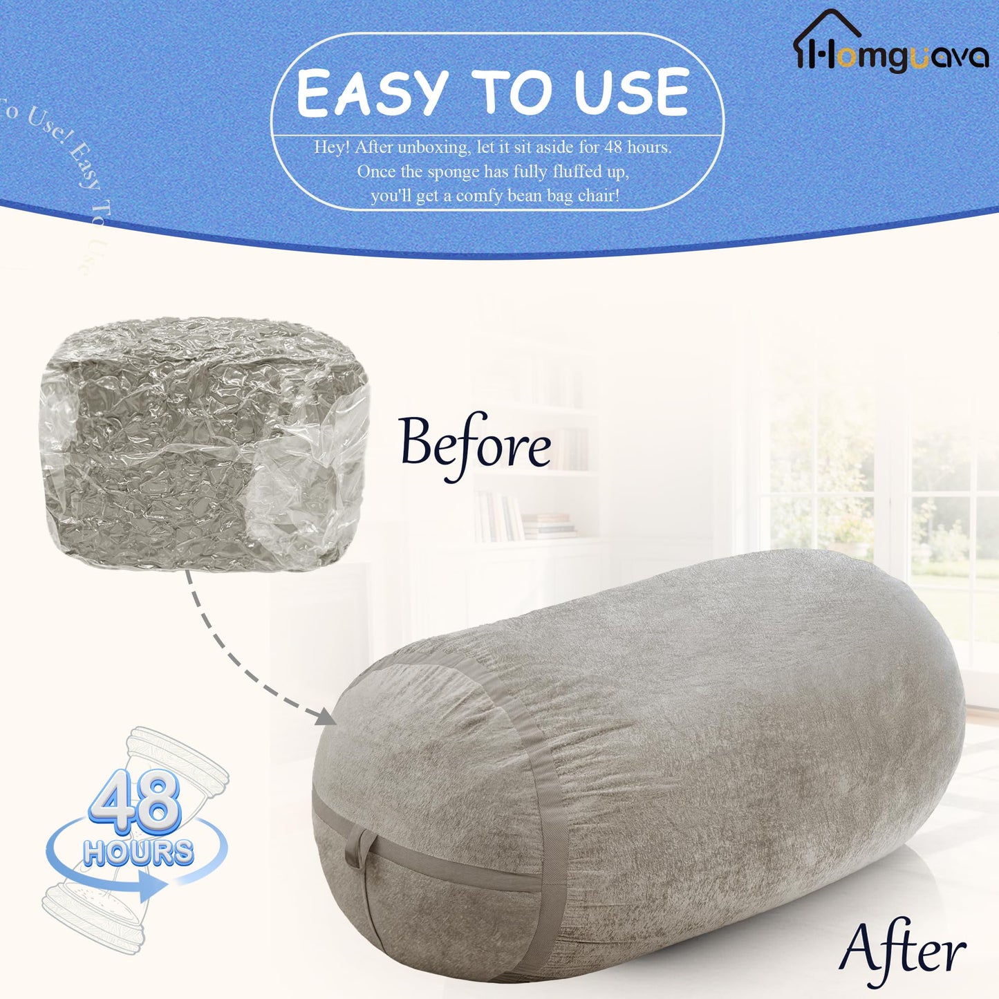 Homguava 6FT Bean Bag Chair Giant Bean Bag Chairs for Adults with Memory Foam Filled,Beanbag Chair with Soft Faux Fur Cover,Comfy Bean Bag Sofa Lounger for Living Room,Game Room,Bedroom