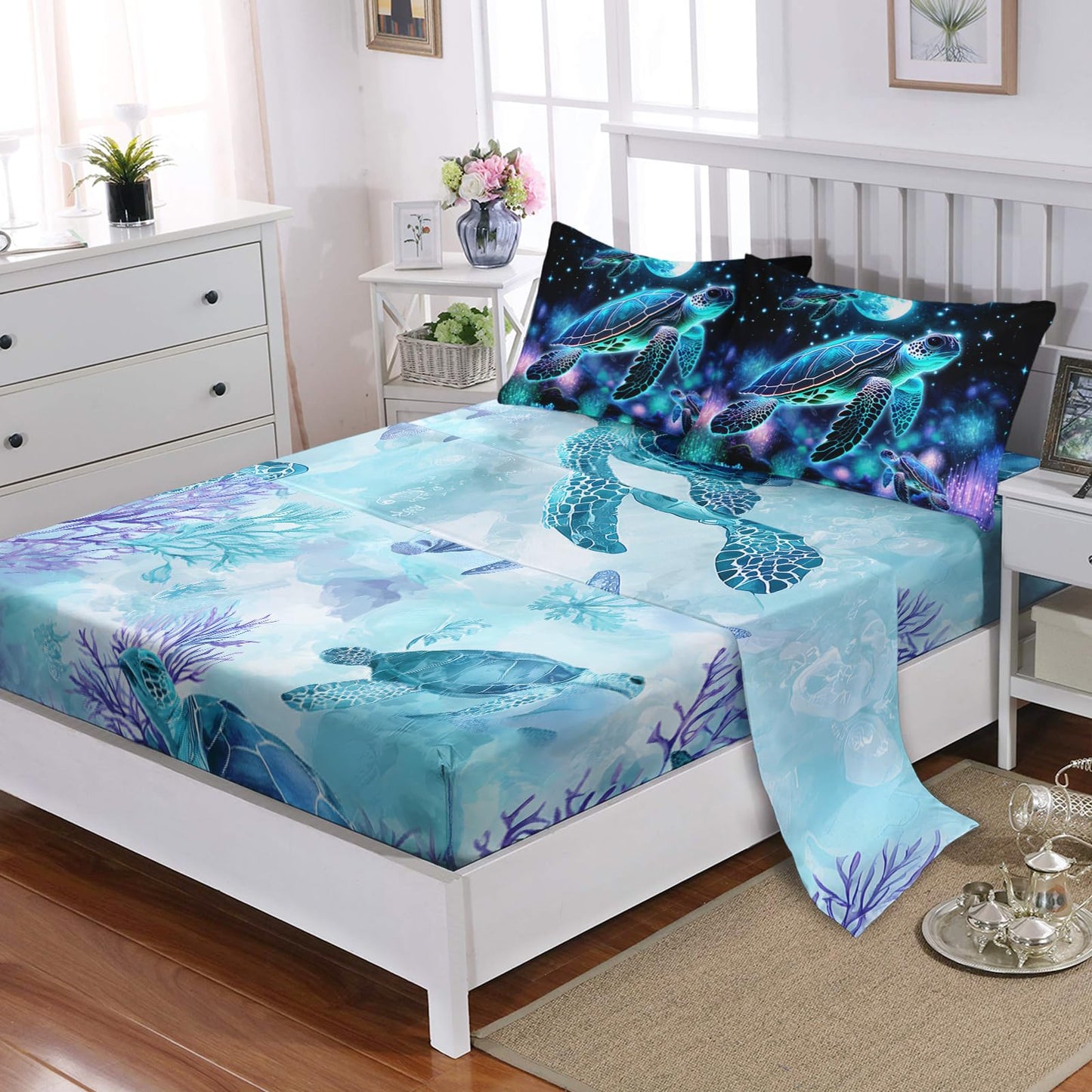 AILONEN Sea Turtle Comforter Set Twin Size,7-Piece Ocean Theme Bedding Coral Bed in a Bag,Evening Starry Moon Turtle Comforter & Fitted Sheet & Flat Sheet & 2 Pillowcases,2 Pillow Shams