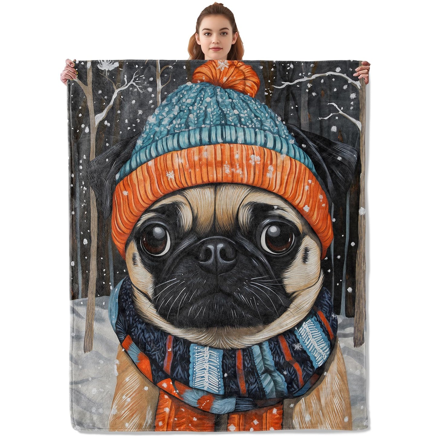 Kibue Funny Pug Dog Blanket - Lightweight, Soft & Cozy Flannel Plush Throw Blanket for Travel, Sofa, Bedroom, Office - Warm Decor for Adults Kids Women 60"×50"