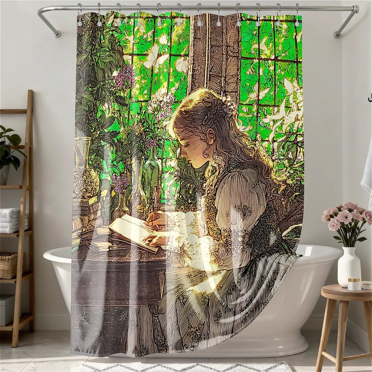 TANGXUNFA Reading Girl Shower Curtain for Bathroom, Water-Resistant Long Shower Curtain Set 72x72 Inch with Metal Grommets and 12 Metal Hooks