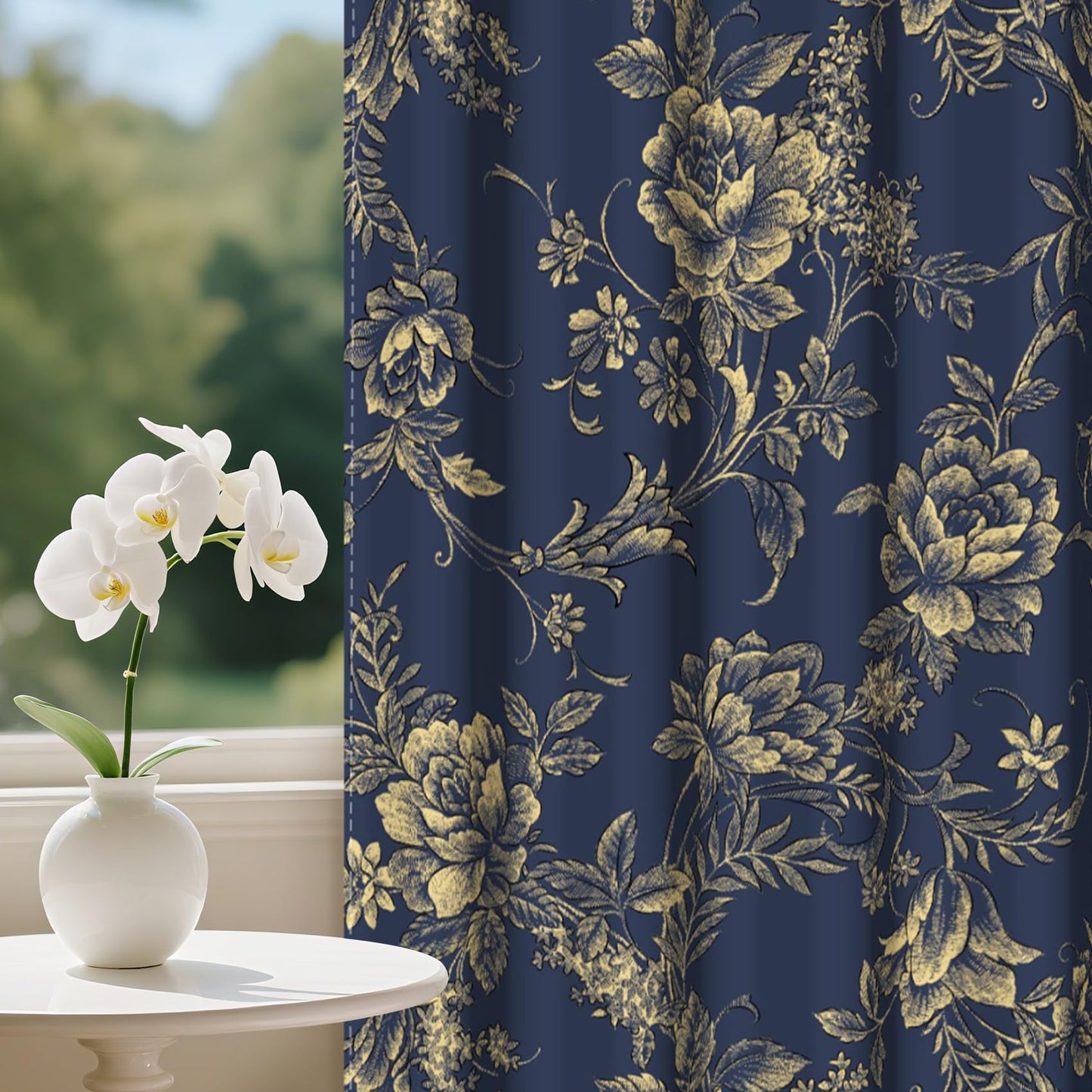 Baocicco Blackout Floral Curtains for Bedroom, 45 inch Long Printed Flower Black Out Curtains, French Country Window Treatment Farmhouse Drapes Set 2 Panels Blue 21Wx45L