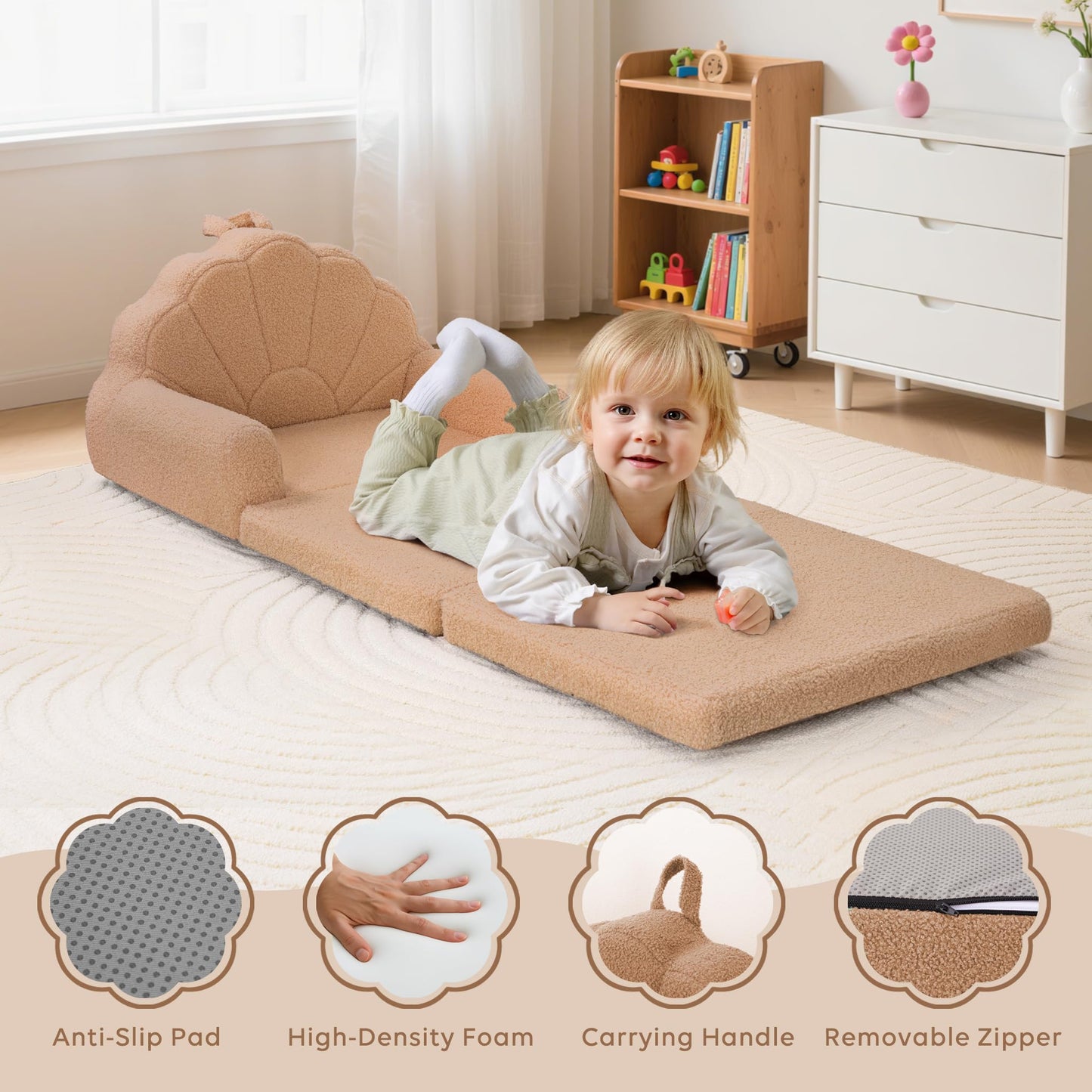 Airpanda Cozy Kids Couch and Chair, Fold Out Foam Sofa, Khaki