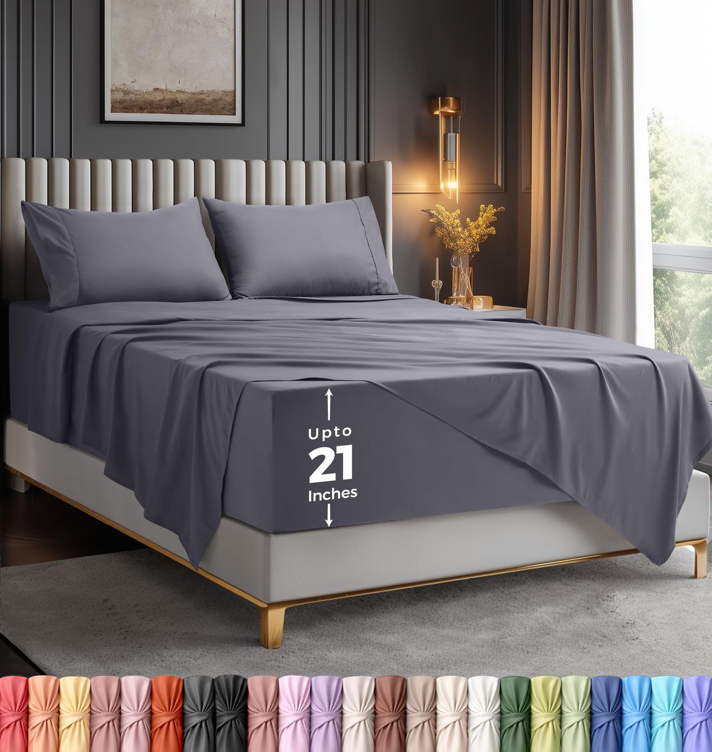 Utopia Bedding King Size Extra Deep Pocket Sheet Set – Fits Mattresses Up to 21 inches – Cooling, Soft & Breathable – Oeko-Tex 4 Piece Bed Sheets (Grey)