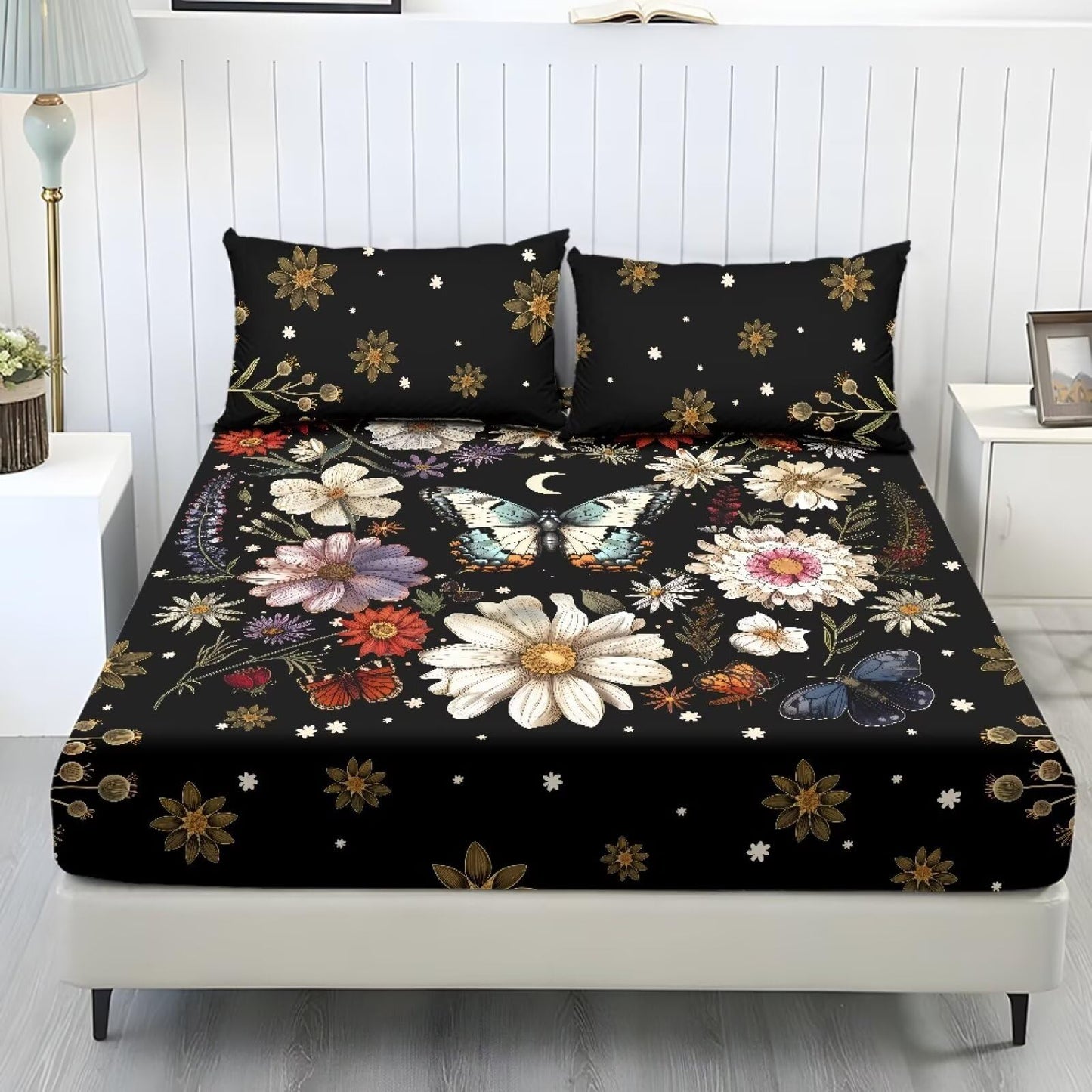 ZDCUSTOM Twin XL Size Floral Butterfly Sheets 3pcs Bedding Set for Girls Comfy & Wrinkle Free Fitted Sheet with 2 Pillowcases Black Bedsheet Easy Install Bedsheets, 39" x 79"