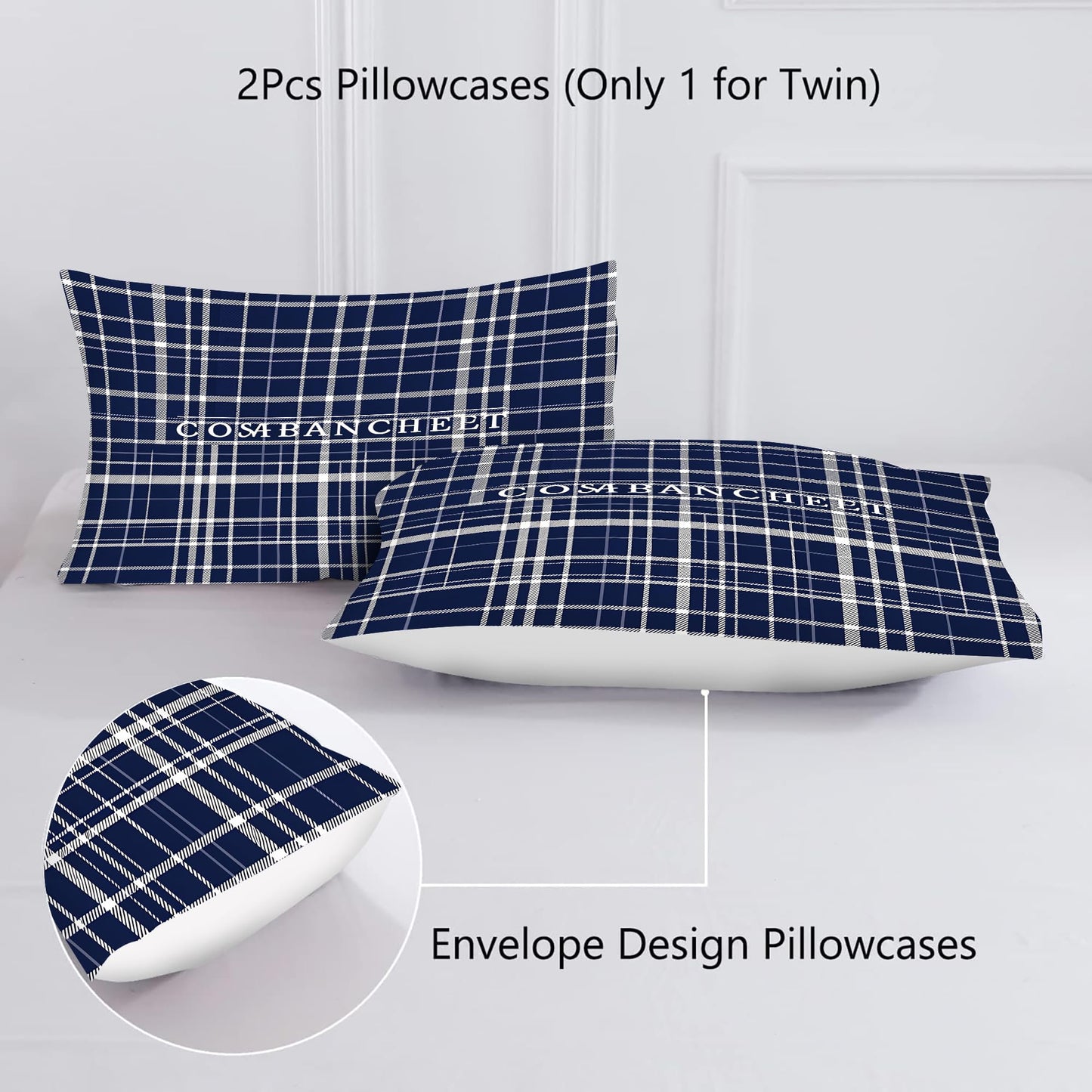 VTKON Navy Blue Plaid Comforter Set for Boys Full Size, Classic Preppy Check Bedding Set for Boys Teens, Timeless Navy and White Bed Sets for Dorm with 2 Pillowcases