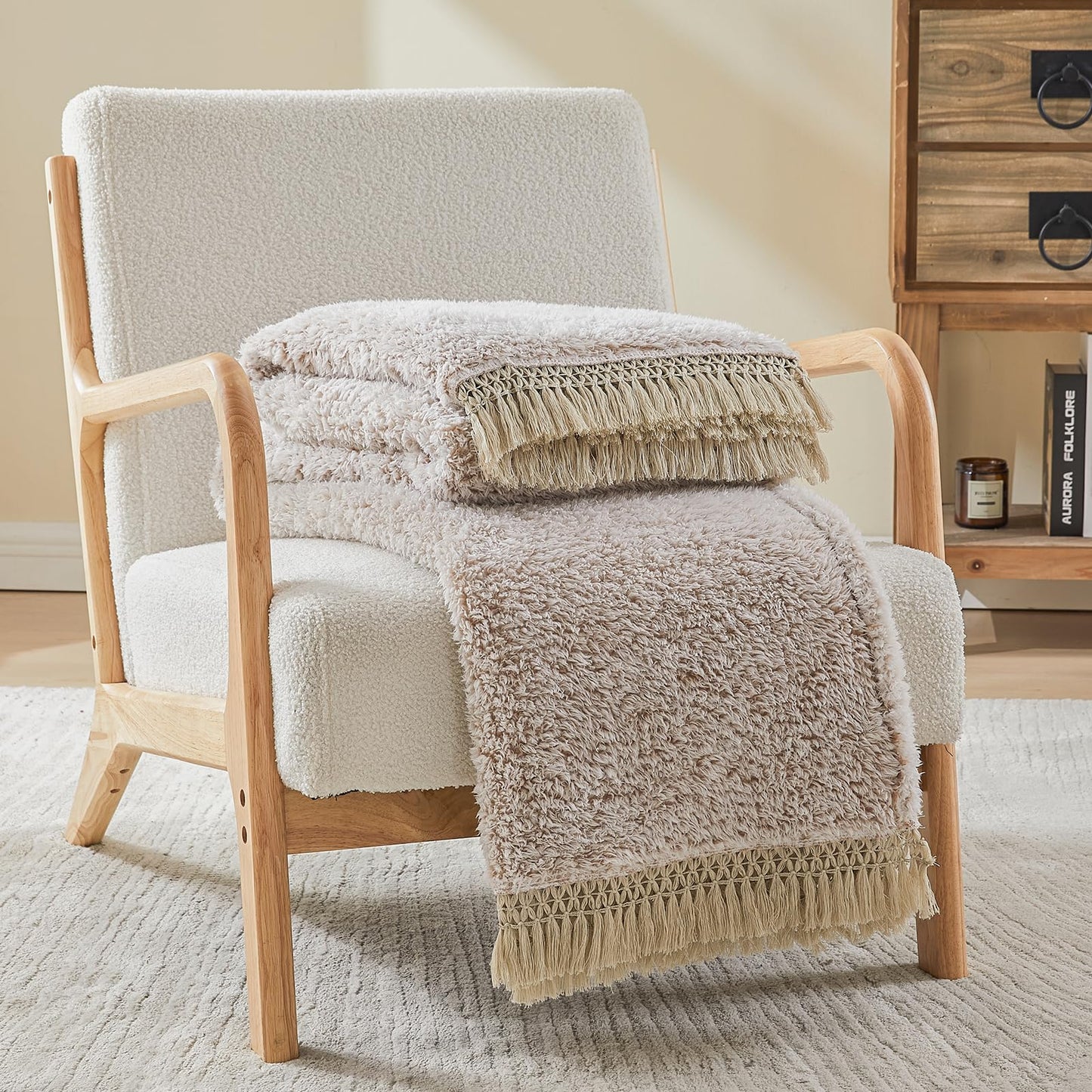 EMME Soft Sherpa Fleece Blanket with Tassel, Reversible Plush Fluffy Large Blanket, Light Weight Warm Decorative Boho Blanket Cover for Sofa, Couch, Bedroom,Travel(Tassel Khaki,108"x90")
