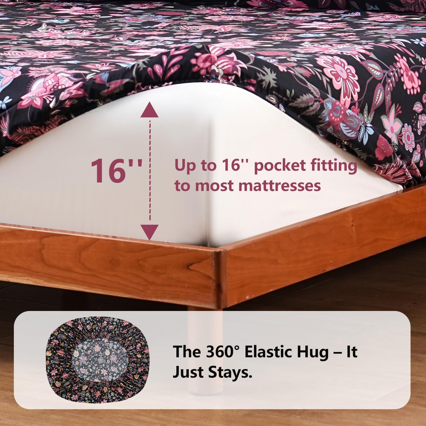 Bedlifes Queen Sheet Set Ultra Soft, Breathable, Silky Flower Deep Pocket 100% Microfiber Bedding, 4 Piece Queen Size with Floral,Black Red Flowers