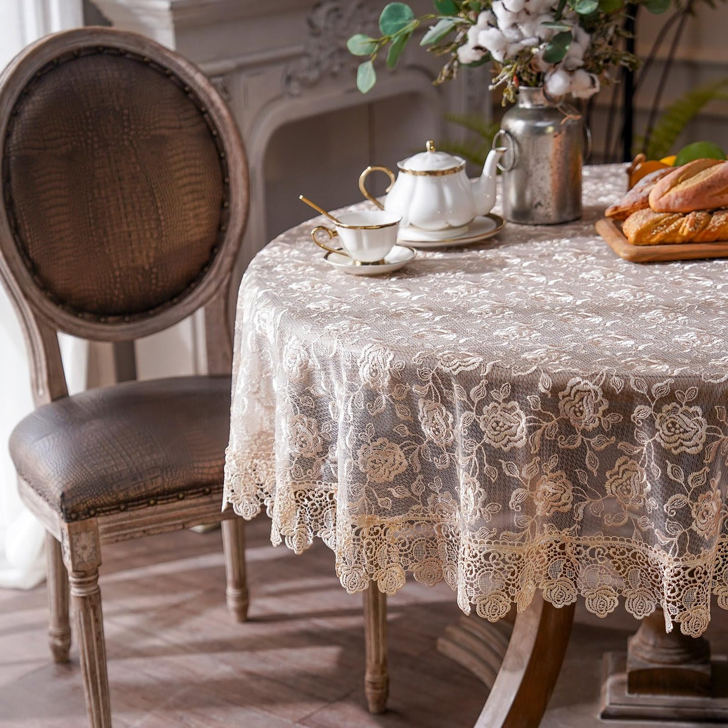 ARTABLE Rectangle Small Table Cloth Lace Macrame Vintage Tablecloth Shabby Chic Embroidered Oblong Table Cover for Wedding Banquet Holiday Long Dinner Tables (Golden, 70 Inch Round)