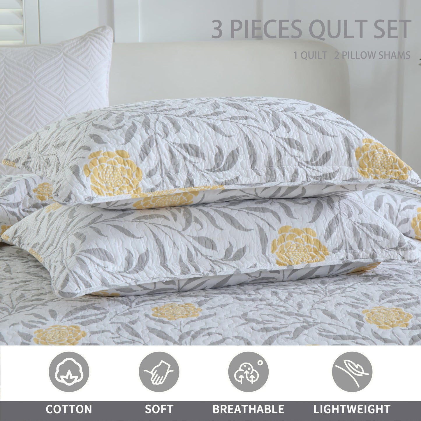 Homzard Floral Queen Comforter Set - 100% Cotton Quilts Queen Size,Yellow Gray White Bedspreads (90 * 98 Inch) with 2 Pillow Shams, Farmhouse Lightweight Bedding 3 Pieces
