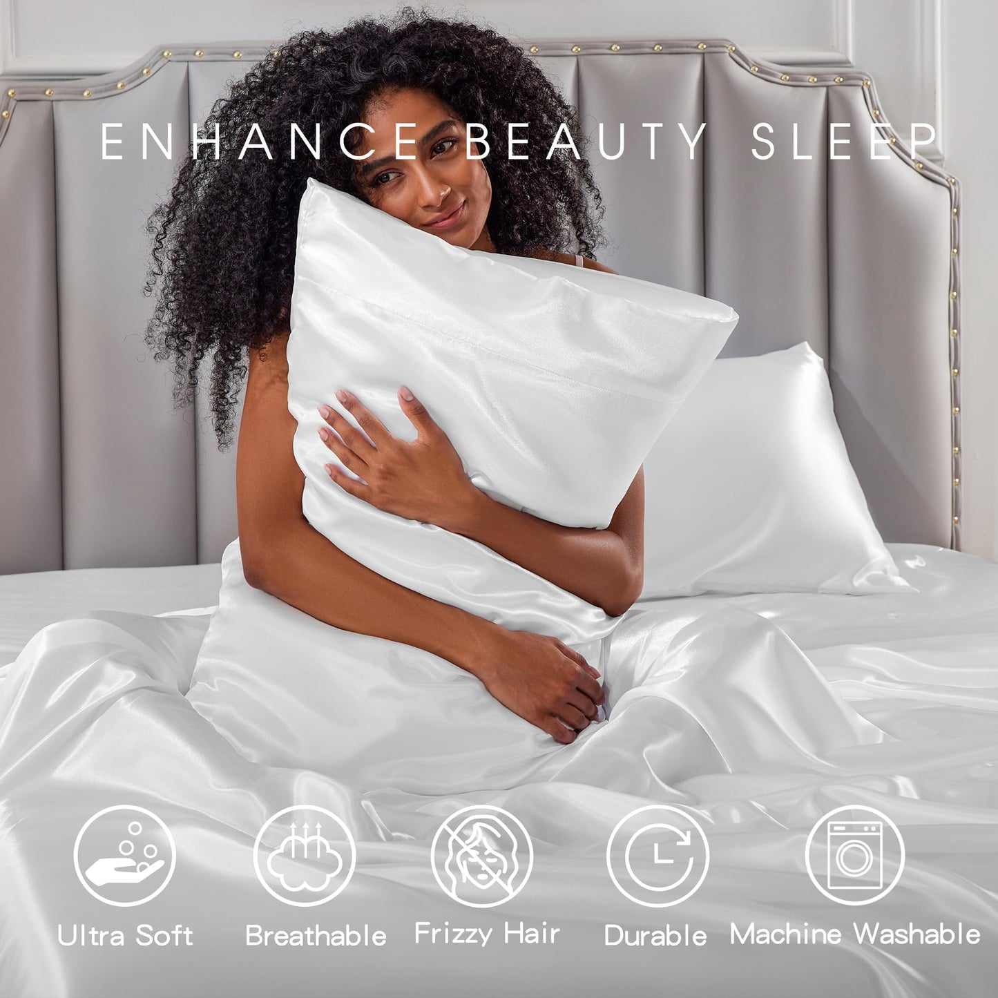 FreshCulture Satin Sheets Full Size - 4 Piece Luxury Soft Silky Full Size Bed Sheets, Similar to Silk Bed Sheet Set with 1 Deep Pocket Fitted Sheet, 1 Flat Sheet & 2 Pillowcases (White)