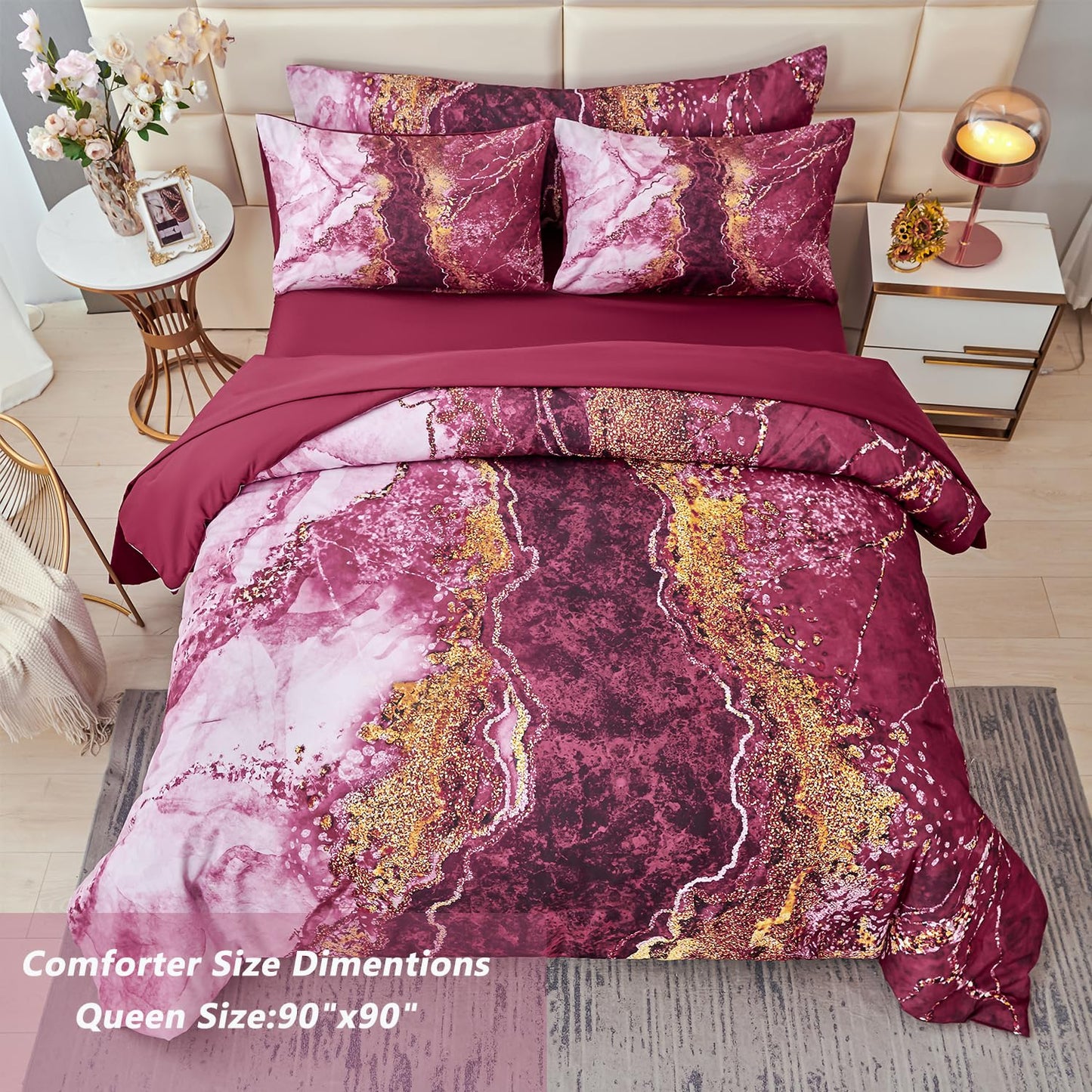 PERFEMET 6-Piece Bed in A Bag Queen Burgundy Marble Comforter Set with Sheets Aesthetic Retro Artwork Style Dark Red Bedding Set for All Season(Burgundy, Queen)
