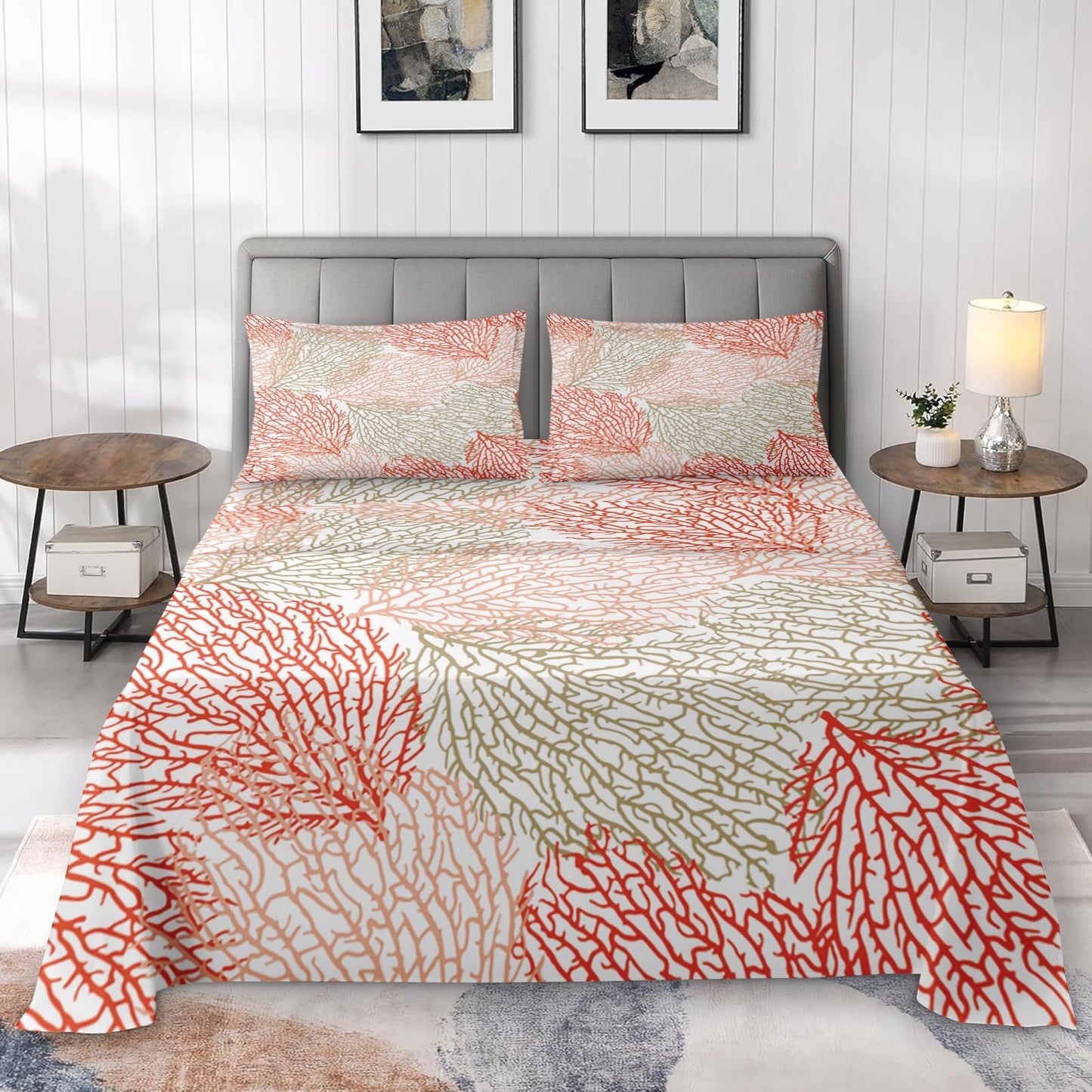 Pamnest Full Size Bed Sheet Sets, Coral Summer Coastal Soft Microfiber 4 Pcs Bedding Sets for Kids and Adults Bedroom Bed Decor, Ocean Sea Tropical Plant Flat, Fitted Sheet and 2 Pillowcases