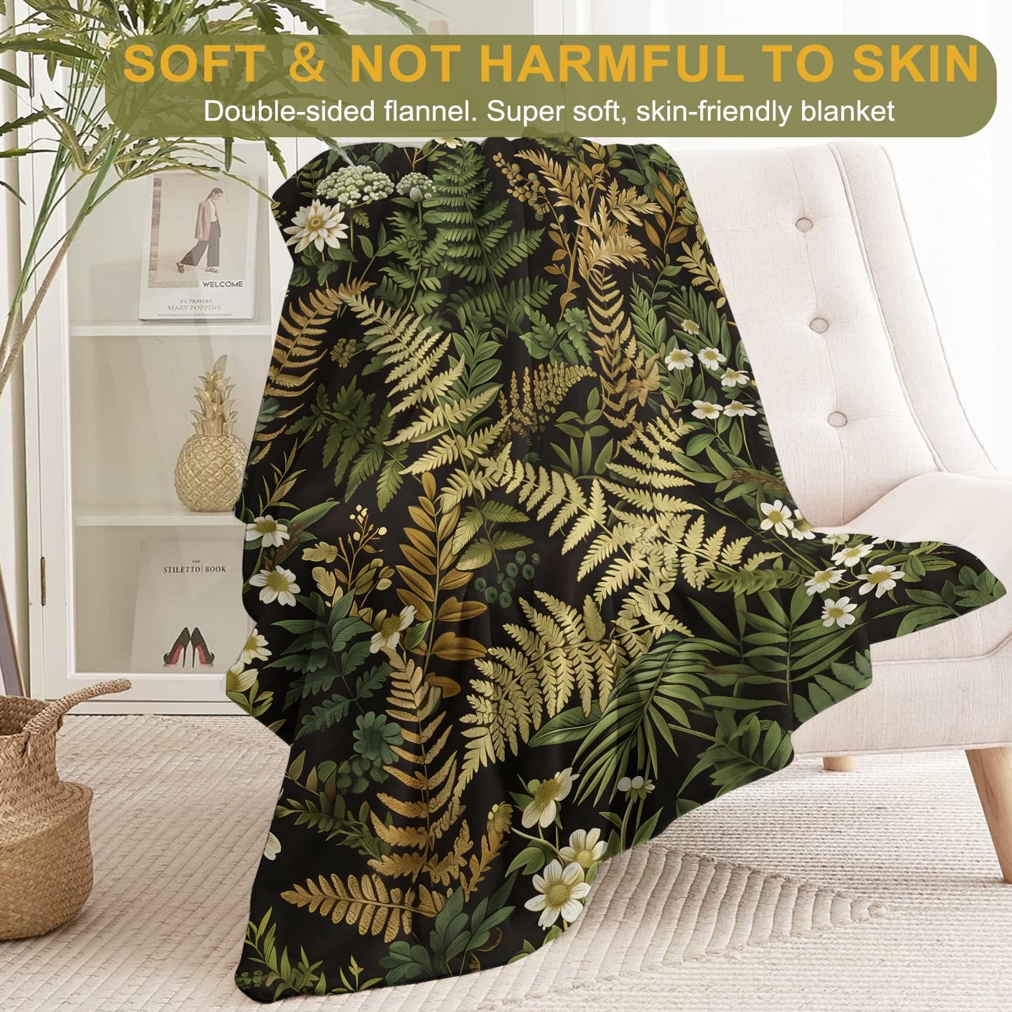 ainori Botanical Flannel Blanket - Lightweight Soft Cozy Unique Gifts Blankets for Nature Lovers,Kids,Adult,Women,Wildflower Plant Fern Leaves Throw,Home Room Modern Forest Decor 50x60in