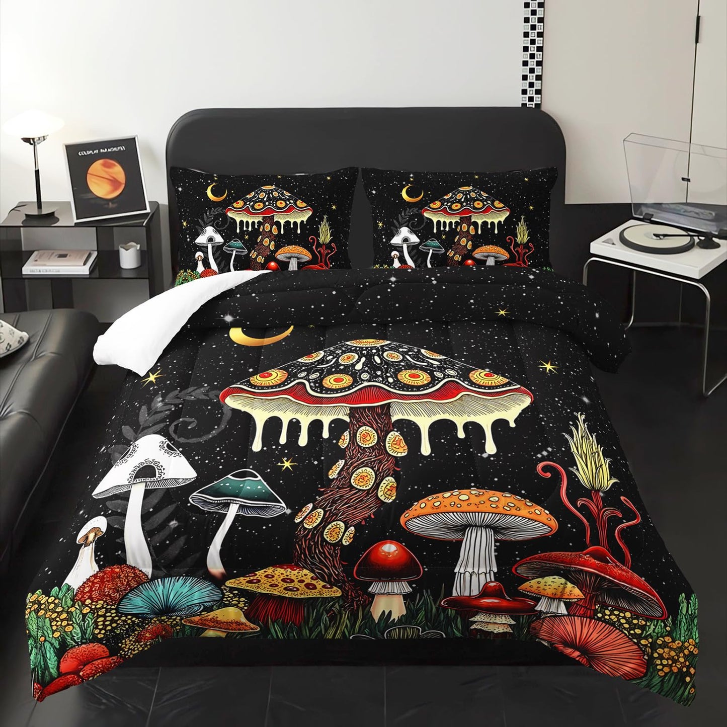 XYNHML Kids Cute Mushroom Comforter 3Pcs Queen Natural Wild Botanical Fungus Bedding Set for Kid Teen Girl Boy Adult Plants Floral Moon Night Star Quilt Bed Decor with 1 Comforter and 2 Pillowcases