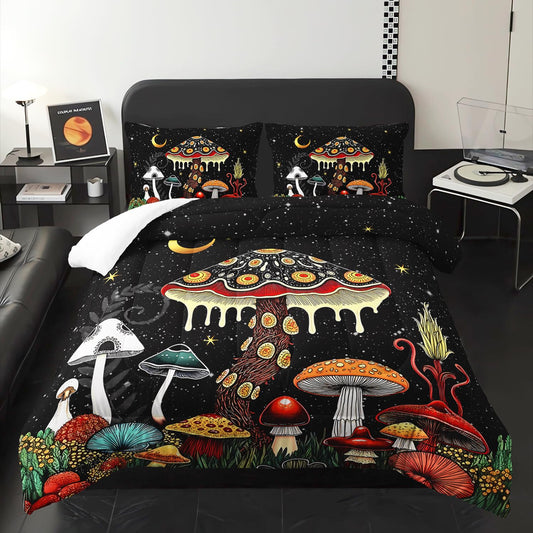 XYNHML Kids Cute Mushroom Comforter 3Pcs Queen Natural Wild Botanical Fungus Bedding Set for Kid Teen Girl Boy Adult Plants Floral Moon Night Star Quilt Bed Decor with 1 Comforter and 2 Pillowcases