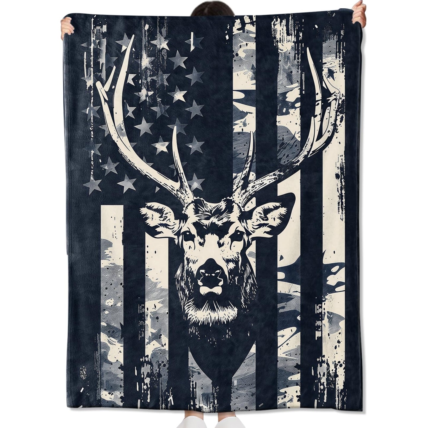 amepay Camo Deer Head Blanket Gifts for Hunters Adult Women Men,American Flag Throw Blankets,Soft Comfy Lightweight for Room Couch Bed Sofa Modern Rustic Decor,Patriotic Lover 60x50in