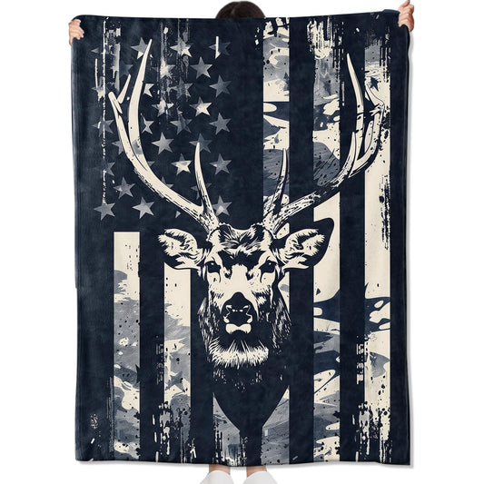 amepay Camo Deer Head Blanket Gifts for Hunters Adult Women Men,American Flag Throw Blankets,Soft Comfy Lightweight for Room Couch Bed Sofa Modern Rustic Decor,Patriotic Lover 60x50in