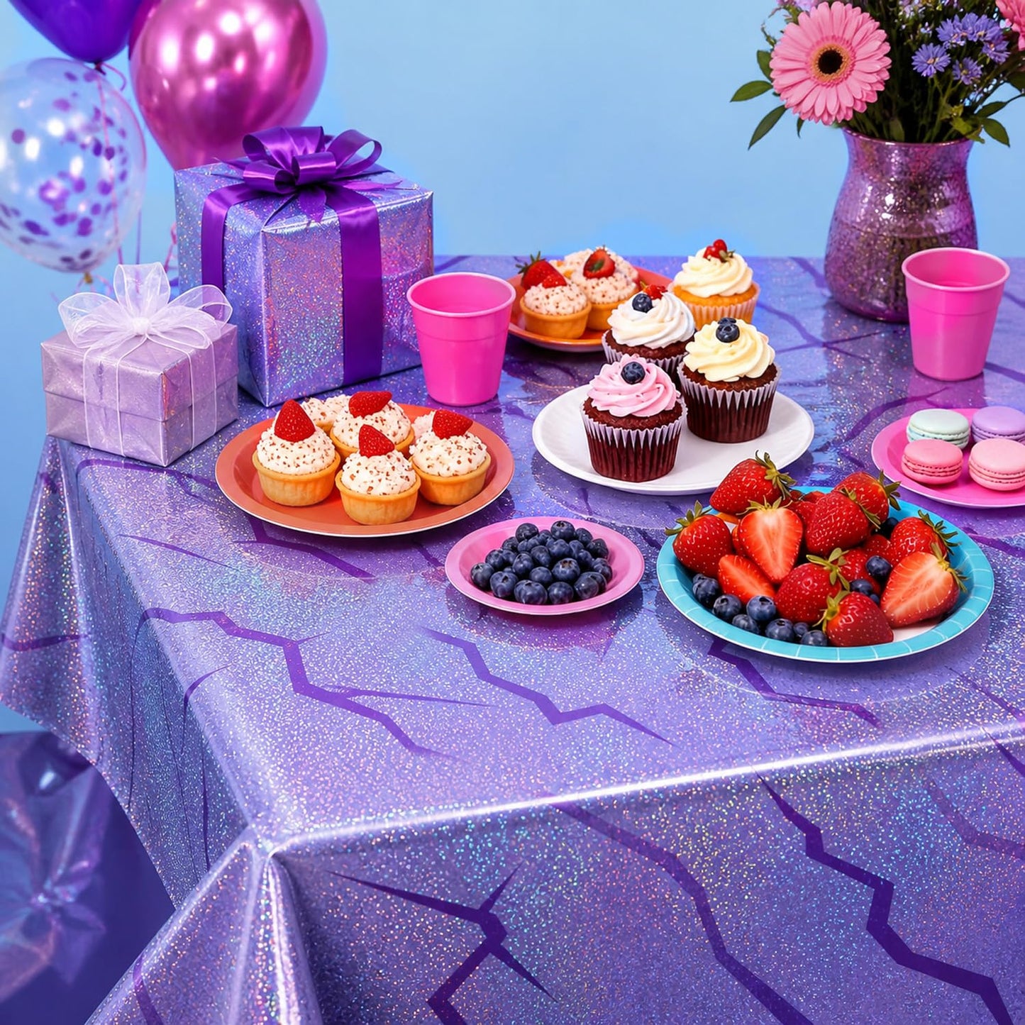LHFYACI K-Style Birthday Decorations, Holographic Laser Tablecloth, 3 Pack Purple Shiny Lightning Disposable Table Covers for Birthday, Bridal Shower, Bachelorette, Disco Party, 54x108 Inch