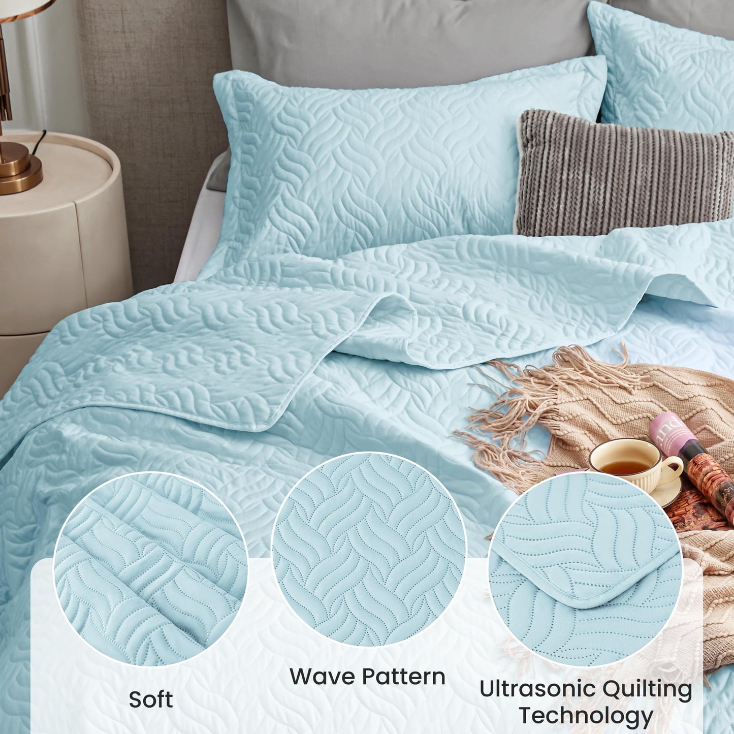 Love's cabin California King Size Quilt Bedding Set Light Blue Bedspread - Cal King Summer Lightweight Bedspread Comforter - Wave Pattern Coverlet for All Season - 3 Pieces (1 Quilt, 2 Pillow Shams)