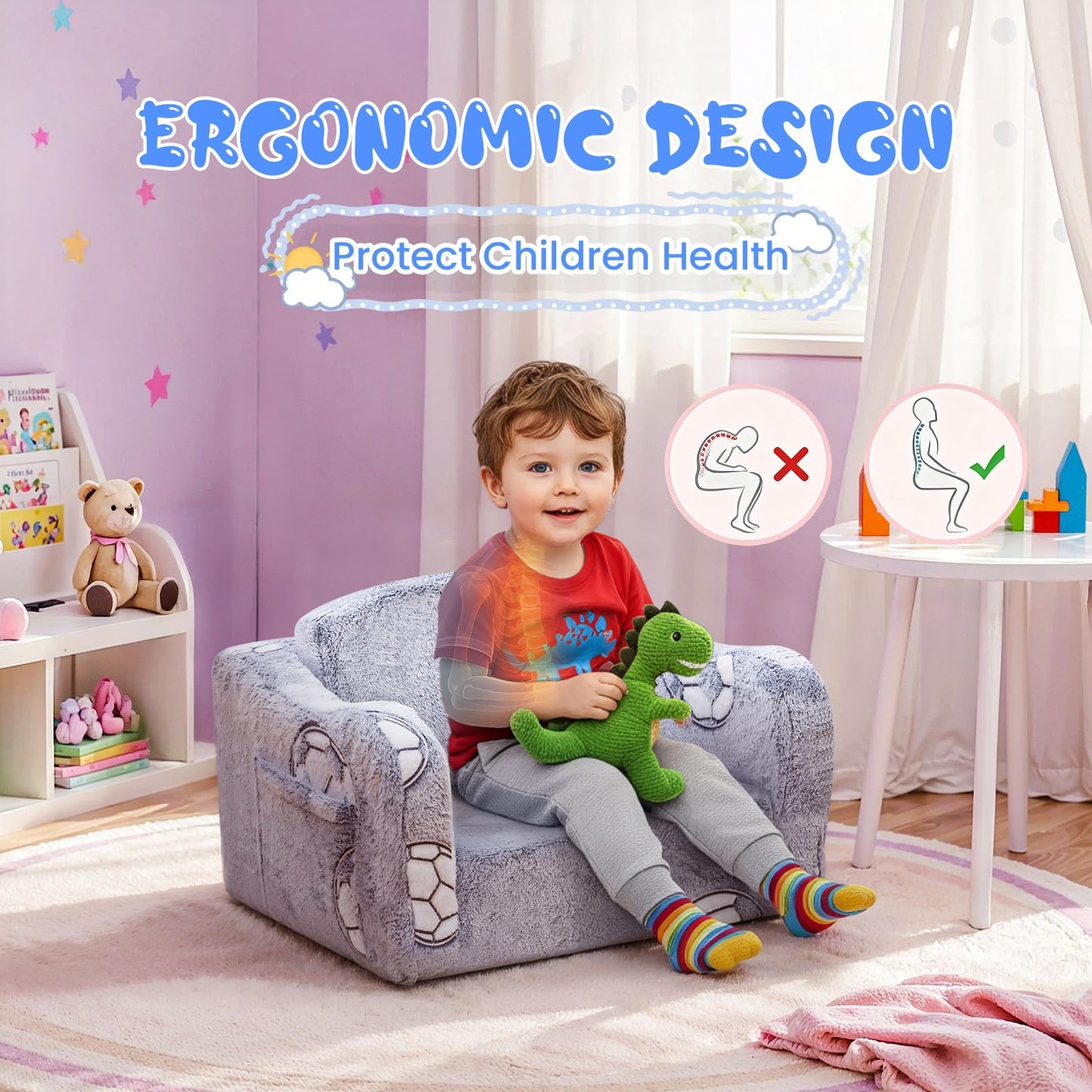 Lamerge 2-in-1 Toddler Couch,Glow in The Dark Baby Floor Bed,Foldable Toddler Chair Kids Sofa for playroom,Convertible Sofa to Lounger for Girls and Boys (Grey and Football)